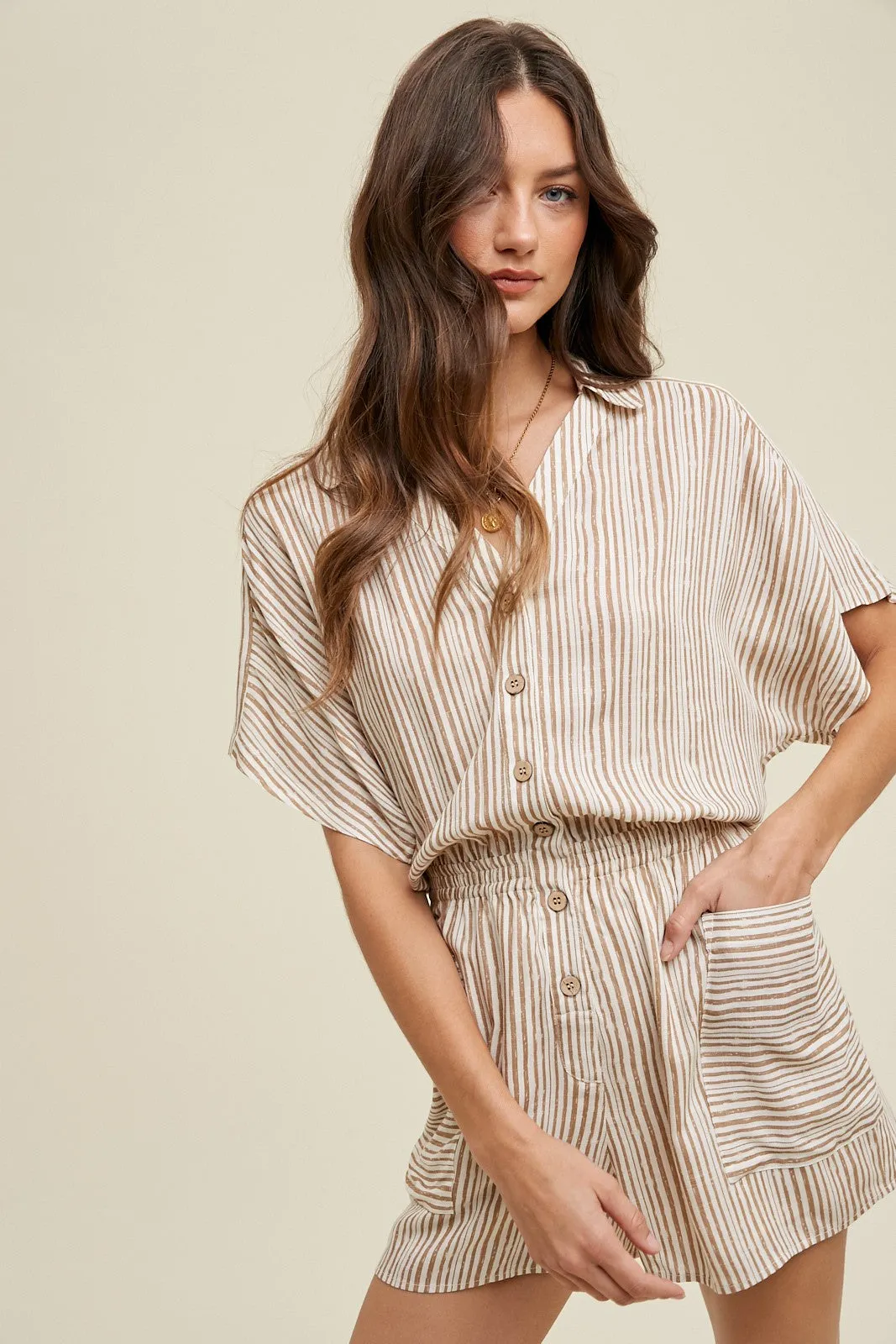 Taupe Striped Button-Up Romper sold by Pinkblush