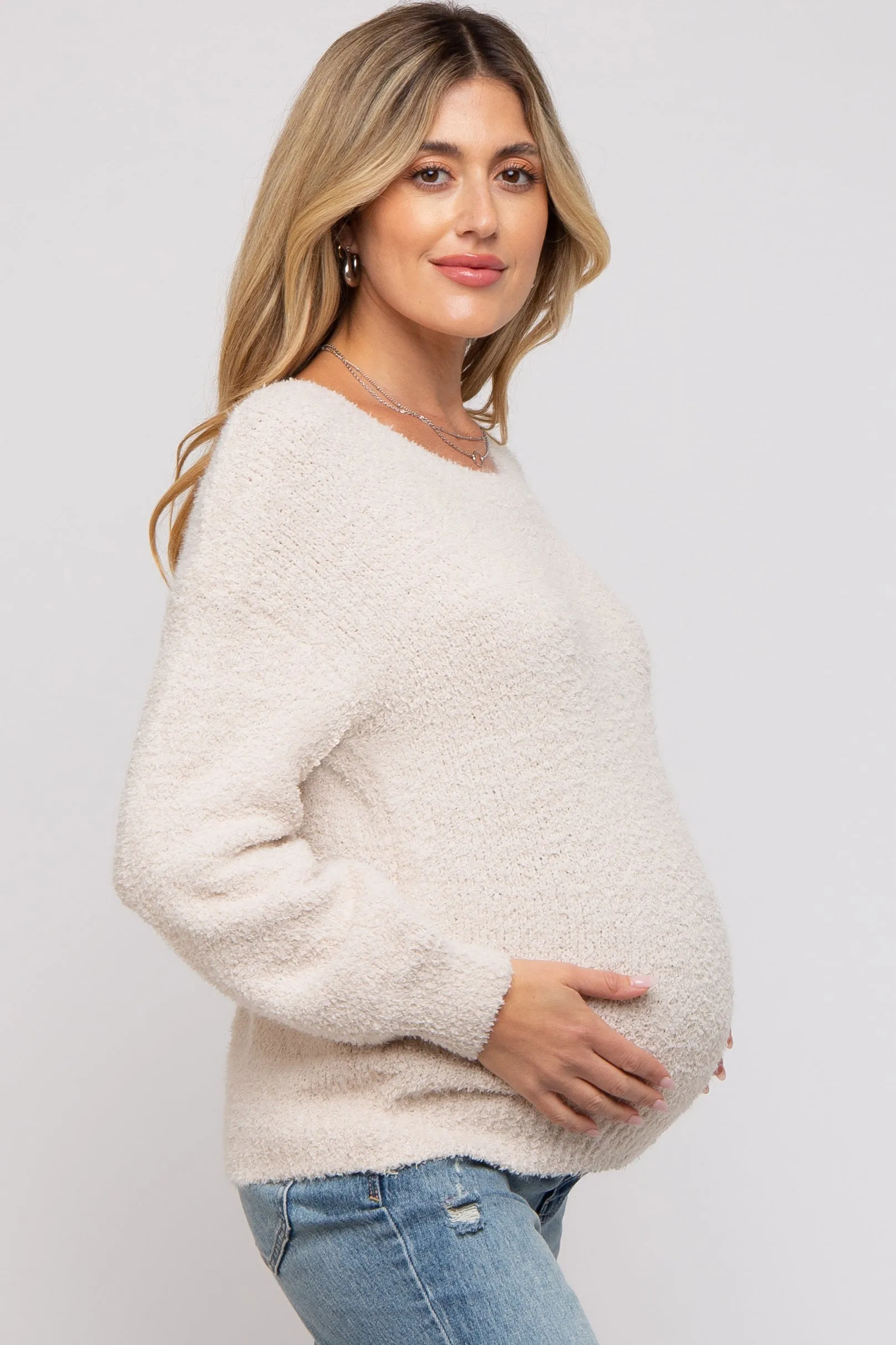 Beige Fuzzy Soft Knit Maternity Sweater sold by Pinkblush product image thumbnail 2