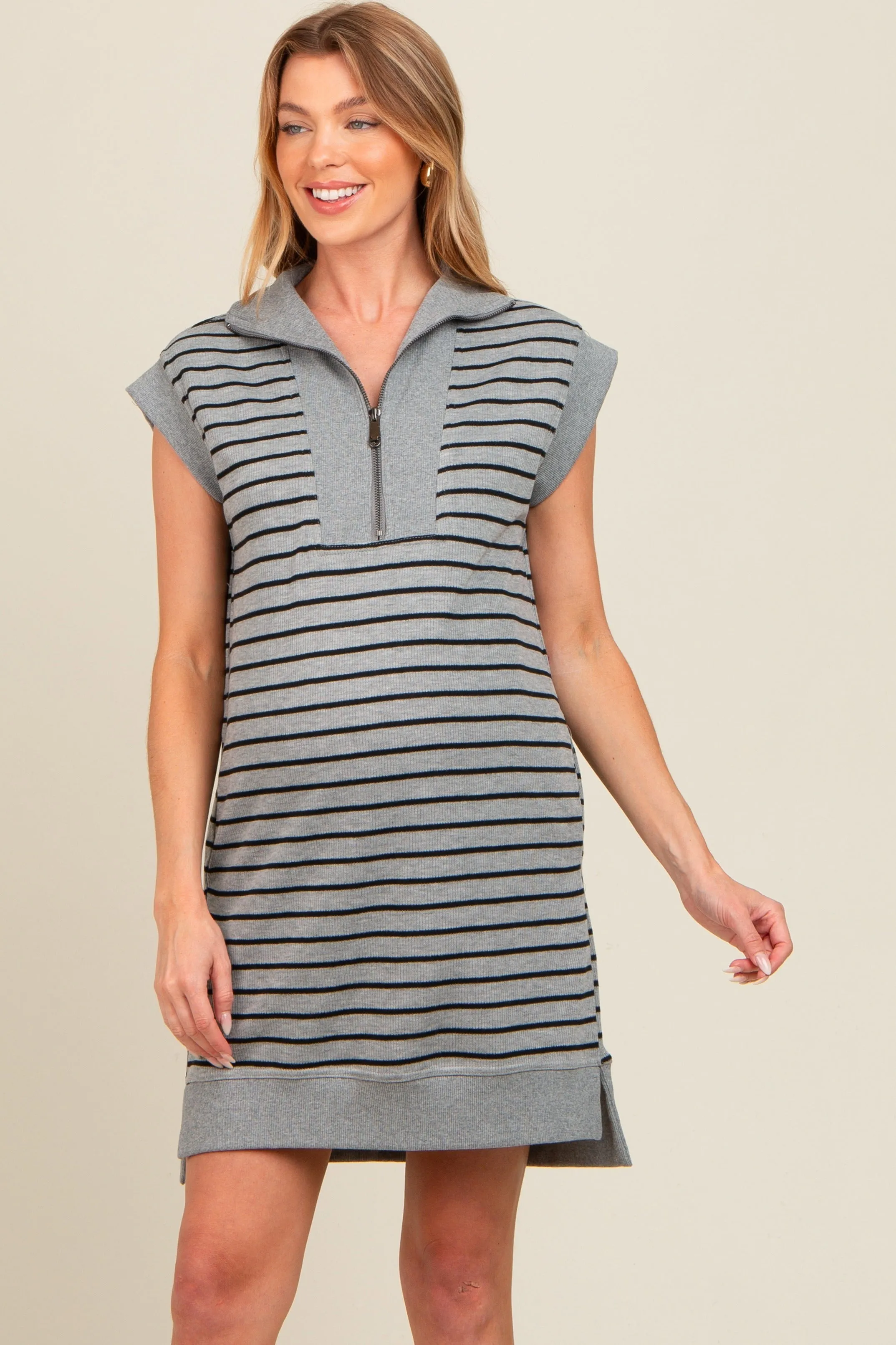 Heather Grey Striped Knit Cap Sleeve Maternity Mini Dress sold by Pinkblush product image thumbnail 2
