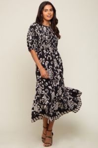 Black Floral Smocked Ruffle Tiered Midi Dress sold by Pinkblush