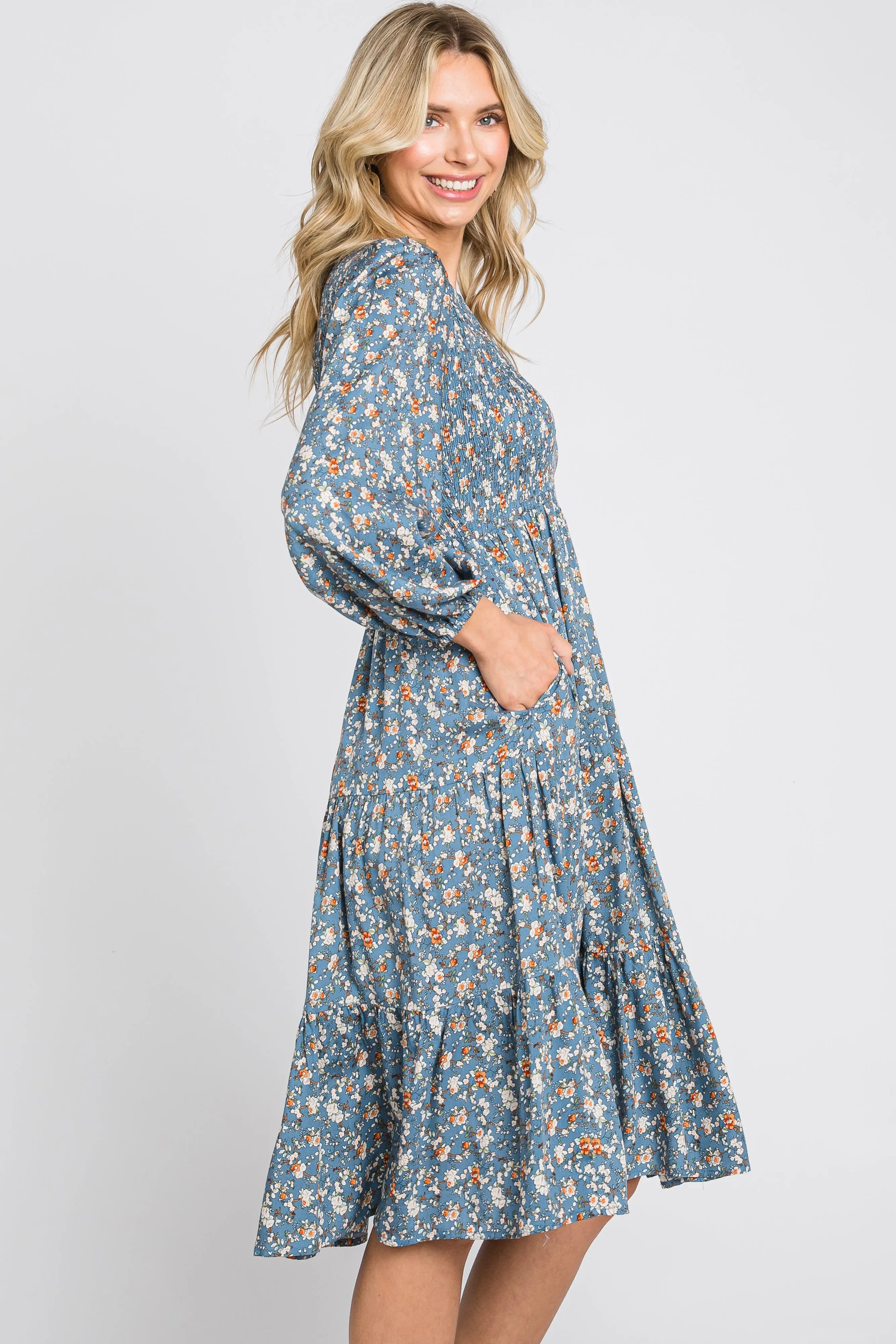 Blue Floral Smocked 3/4 Sleeve Tiered Midi Dress sold by Pinkblush product image thumbnail 3
