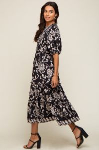 Black Floral Smocked Ruffle Tiered Midi Dress sold by Pinkblush