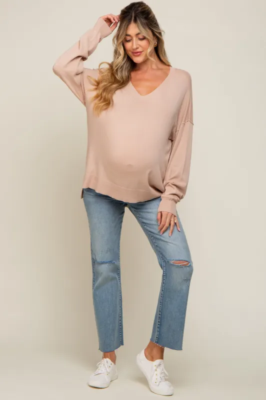 Taupe Knit V-Neck Long Sleeve Maternity Top sold by Pinkblush