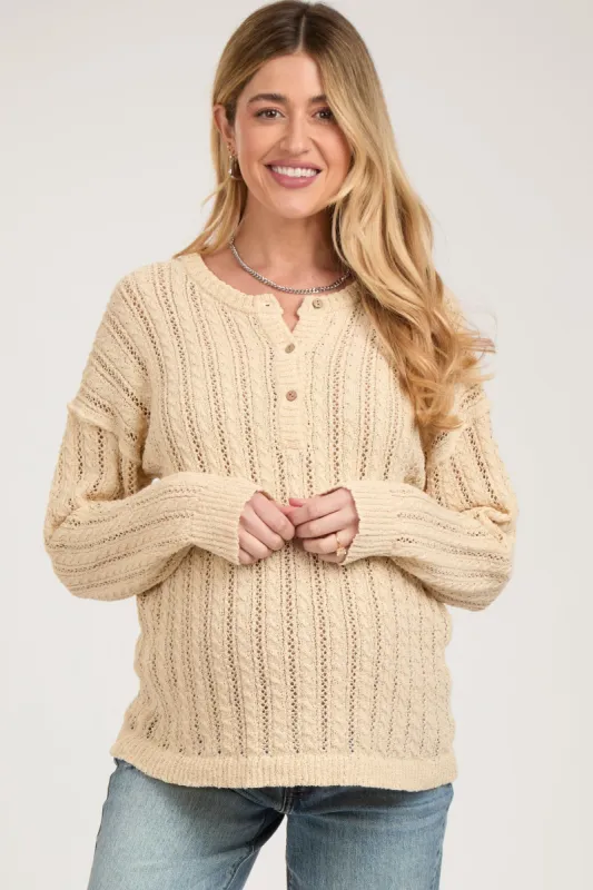 Cream Open Knit Front Button Maternity Sweater sold by Pinkblush