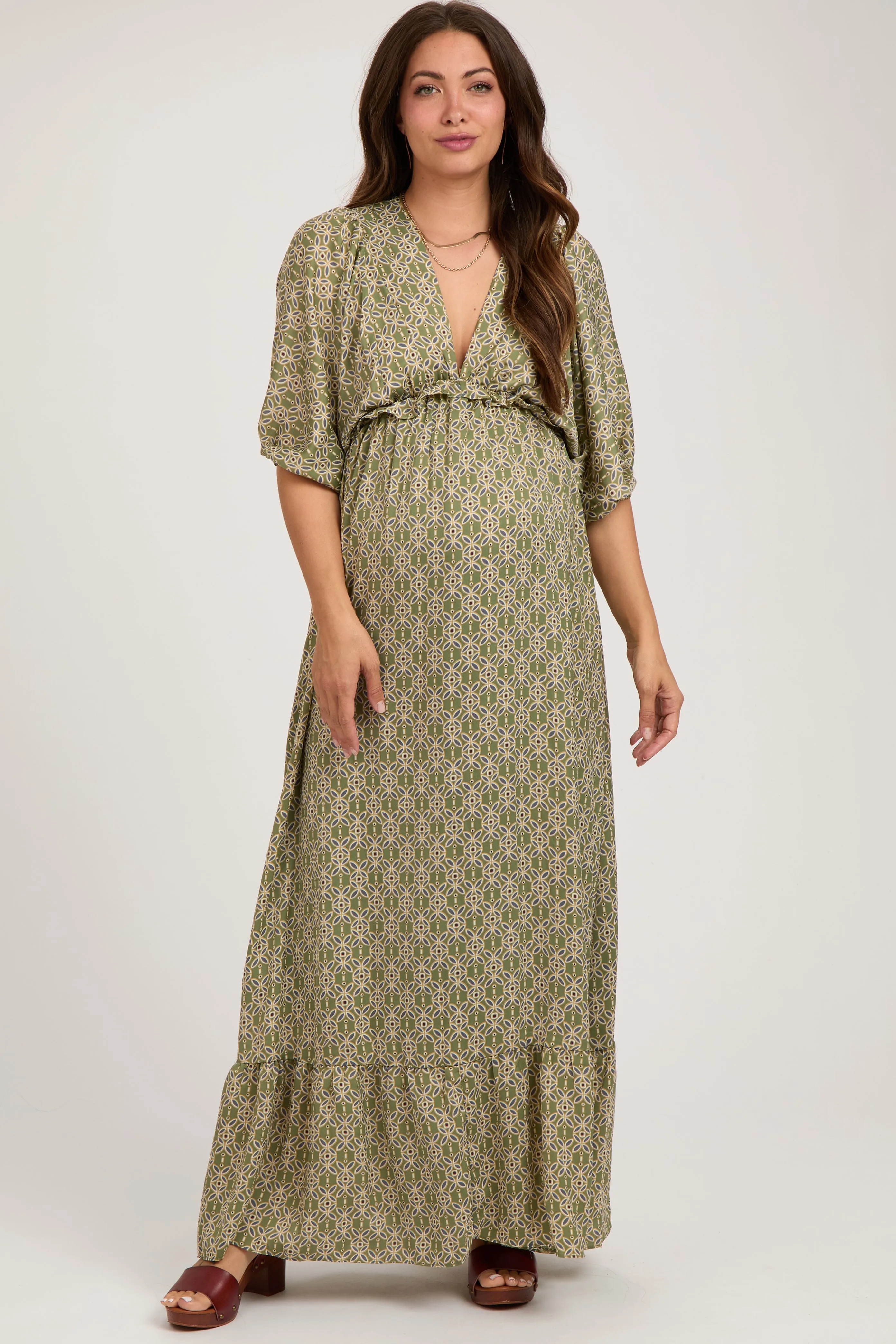 Olive Deep V-Neck Short Puff Sleeve Ruffle Maternity Maxi Dress sold by Pinkblush product image thumbnail 2