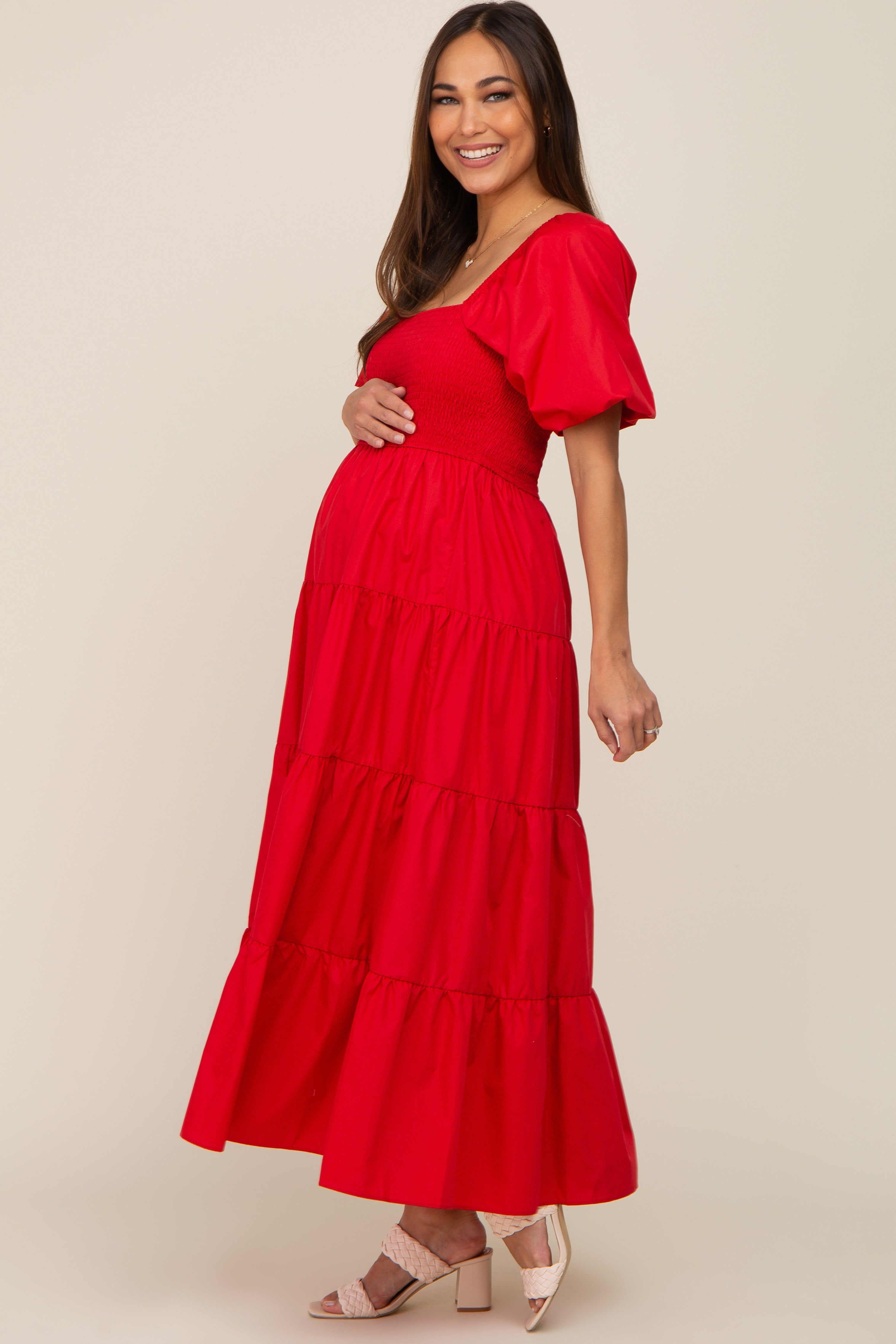 Red Square Neck Smocked Puff Short Sleeve Tiered Maternity Midi Dress sold by Pinkblush product image thumbnail 2