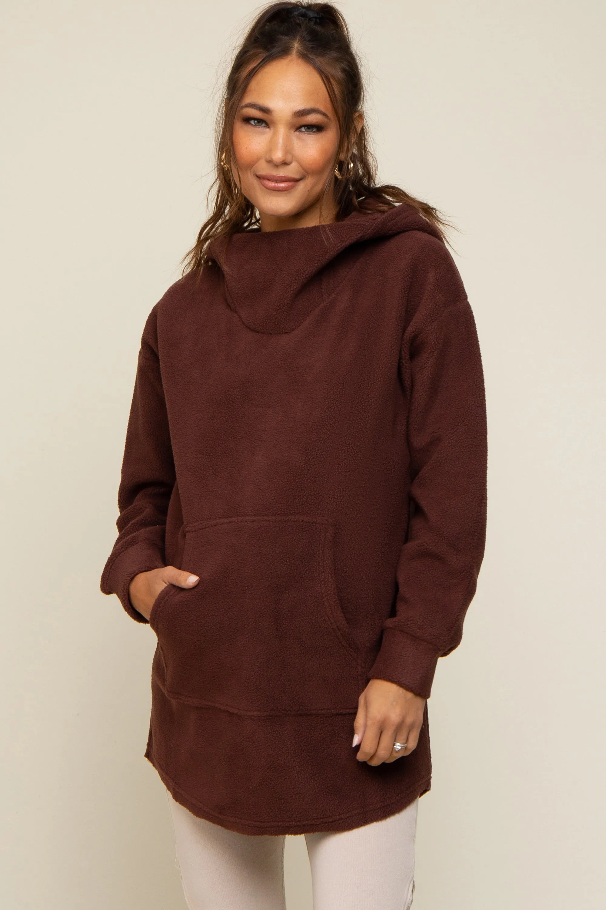 Brown Fleece Hooded Long Maternity Sweater sold by Pinkblush product image thumbnail 2