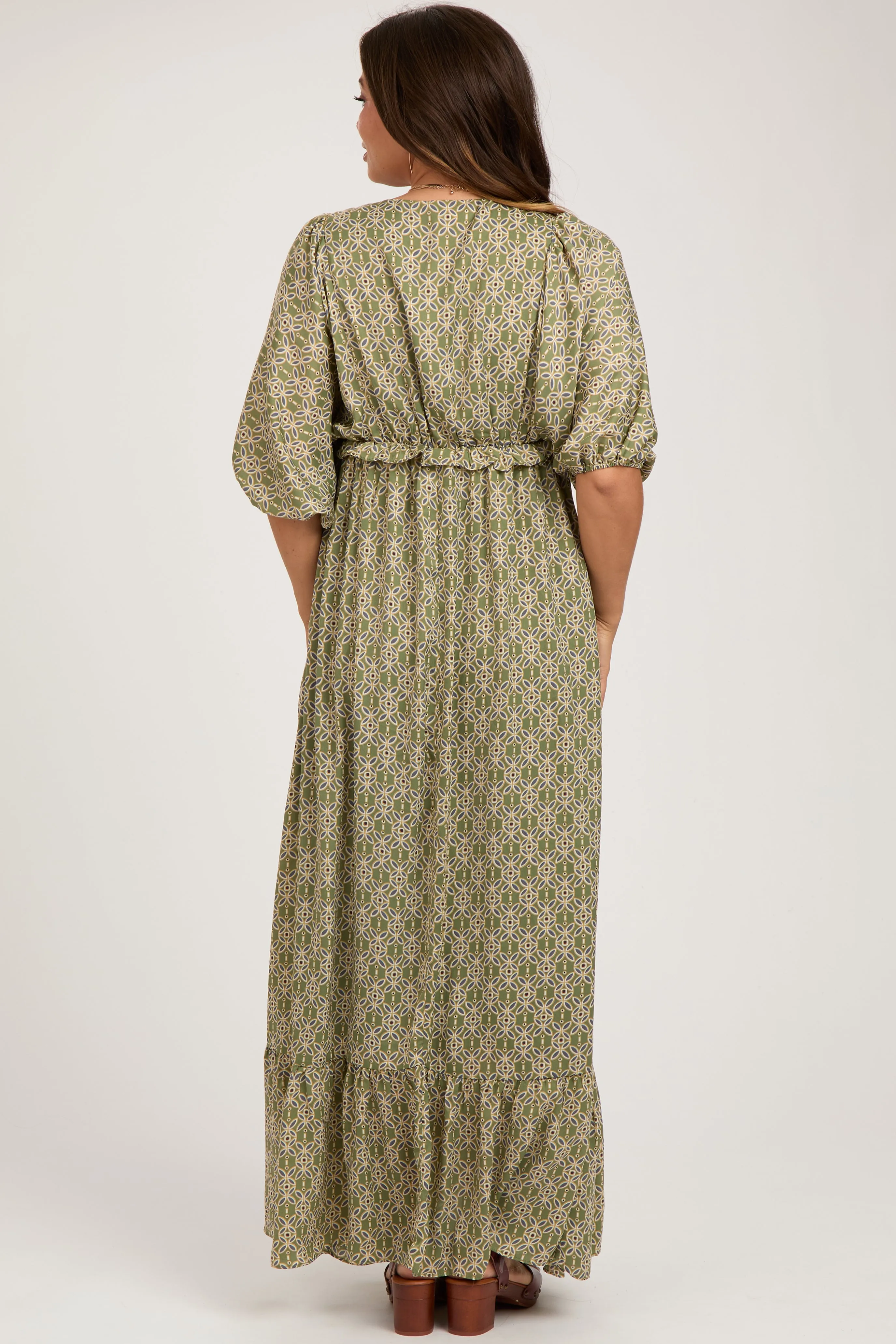 Olive Deep V-Neck Short Puff Sleeve Ruffle Maternity Maxi Dress sold by Pinkblush product image thumbnail 3