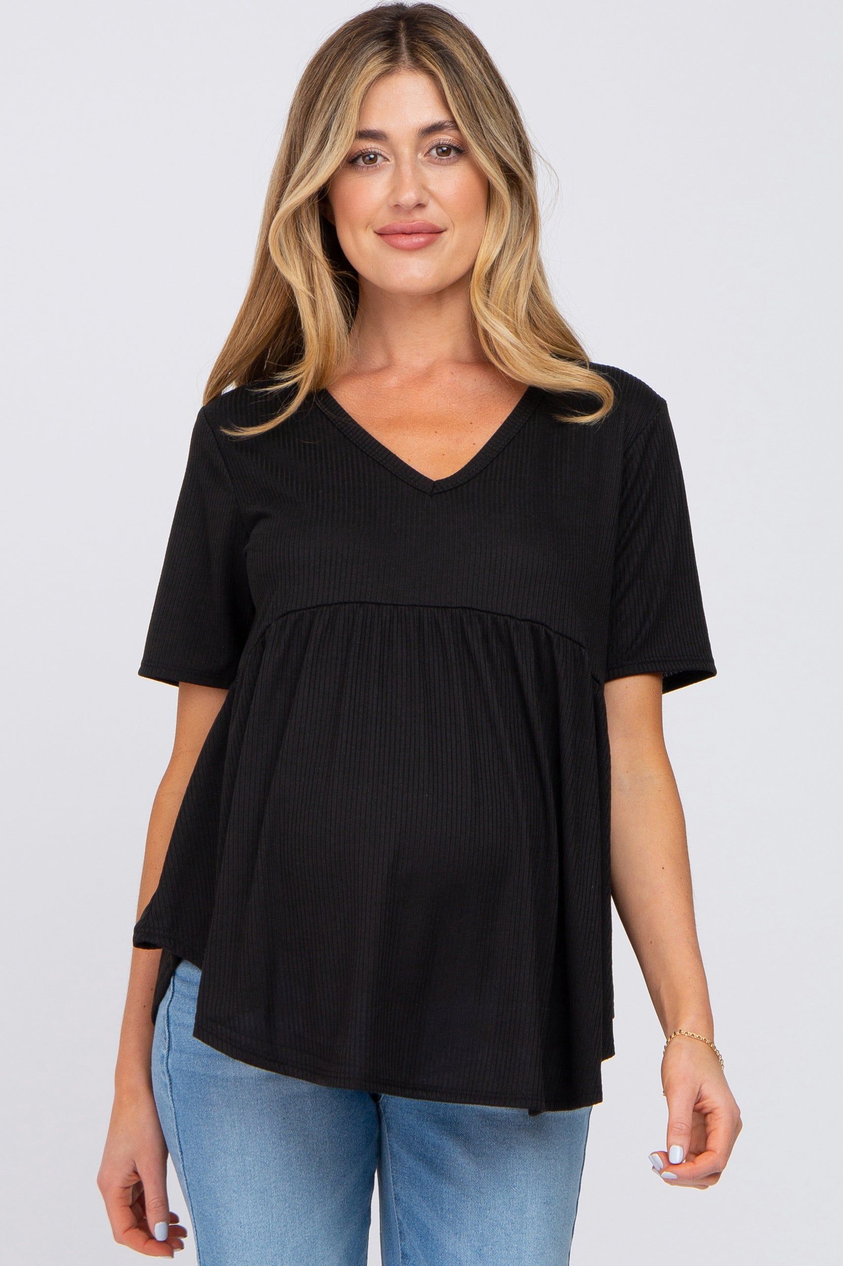 Black Ribbed Babydoll Maternity Top sold by Pinkblush