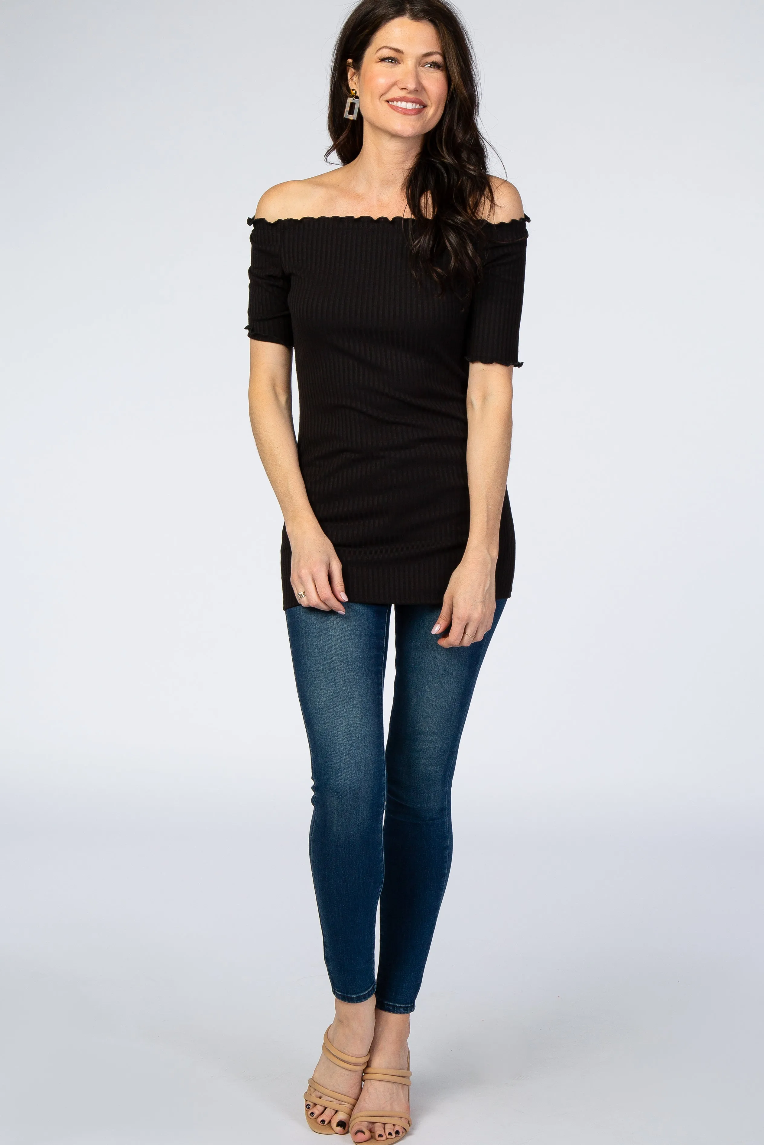 Black Off Shoulder Lettuce Hem Maternity Top sold by Pinkblush product image thumbnail 4