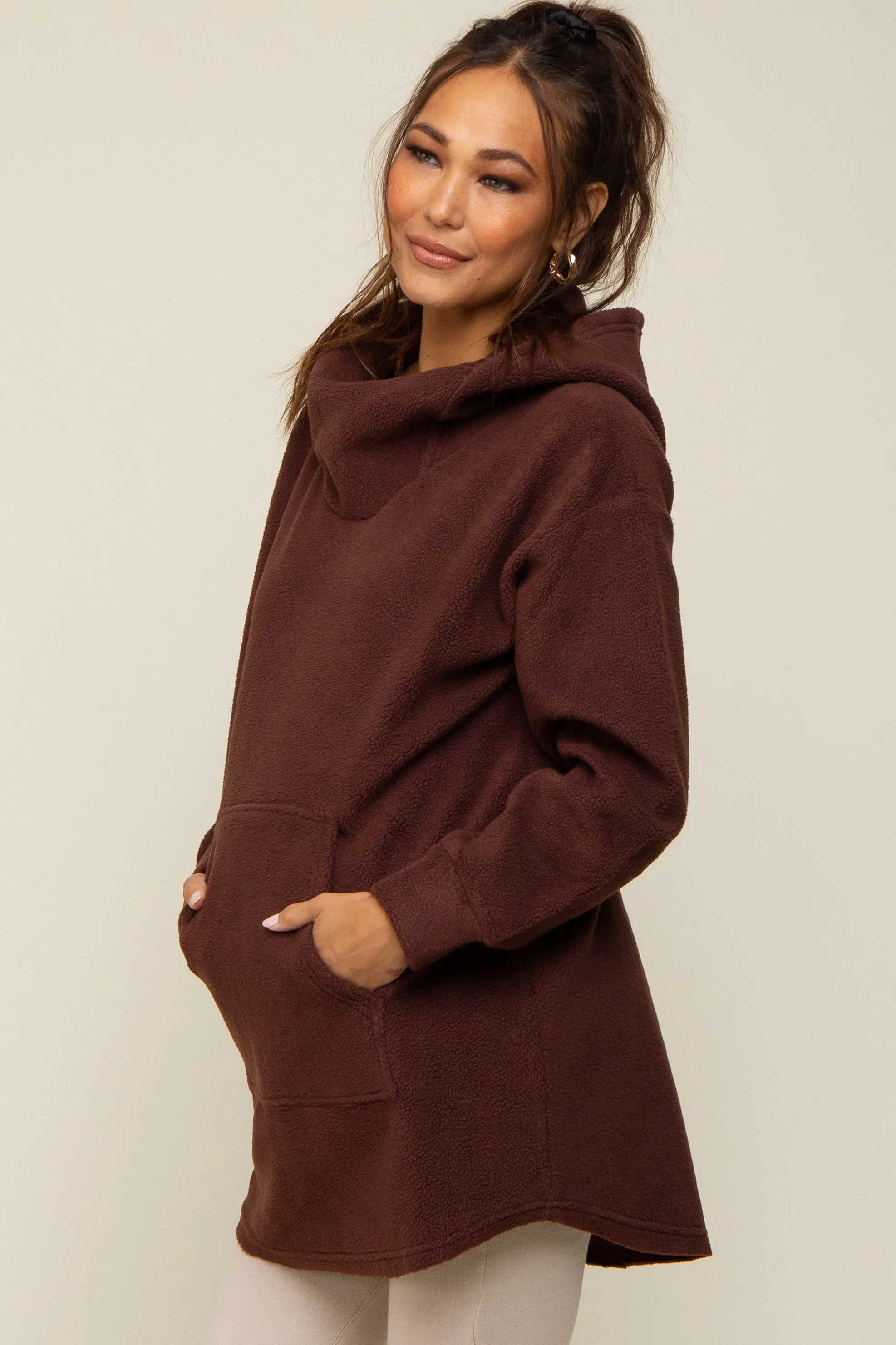 Brown Fleece Hooded Long Maternity Sweater sold by Pinkblush product image thumbnail 3