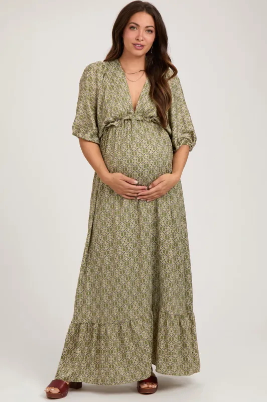 Olive Deep V-Neck Short Puff Sleeve Ruffle Maternity Maxi Dress sold by Pinkblush