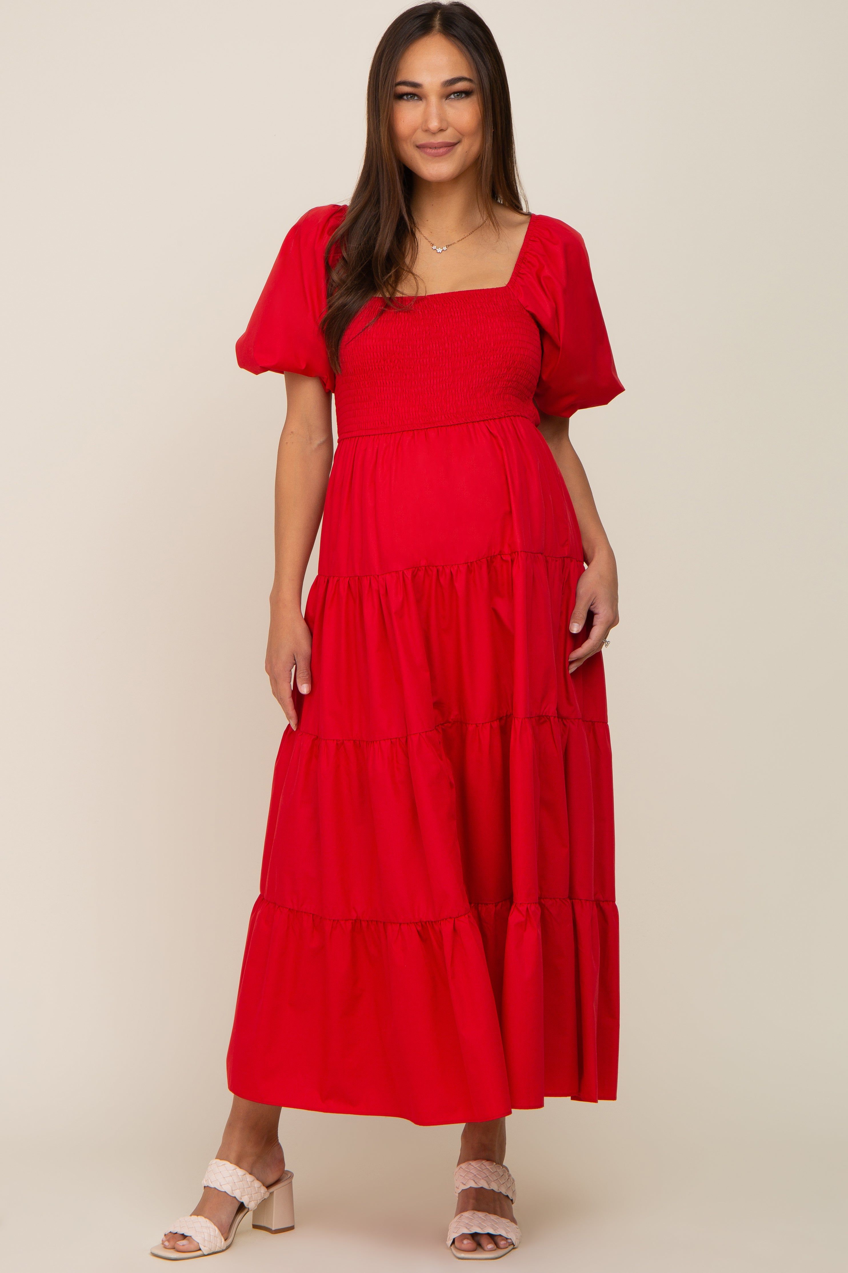 Red Square Neck Smocked Puff Short Sleeve Tiered Maternity Midi Dress sold by Pinkblush product image thumbnail 4