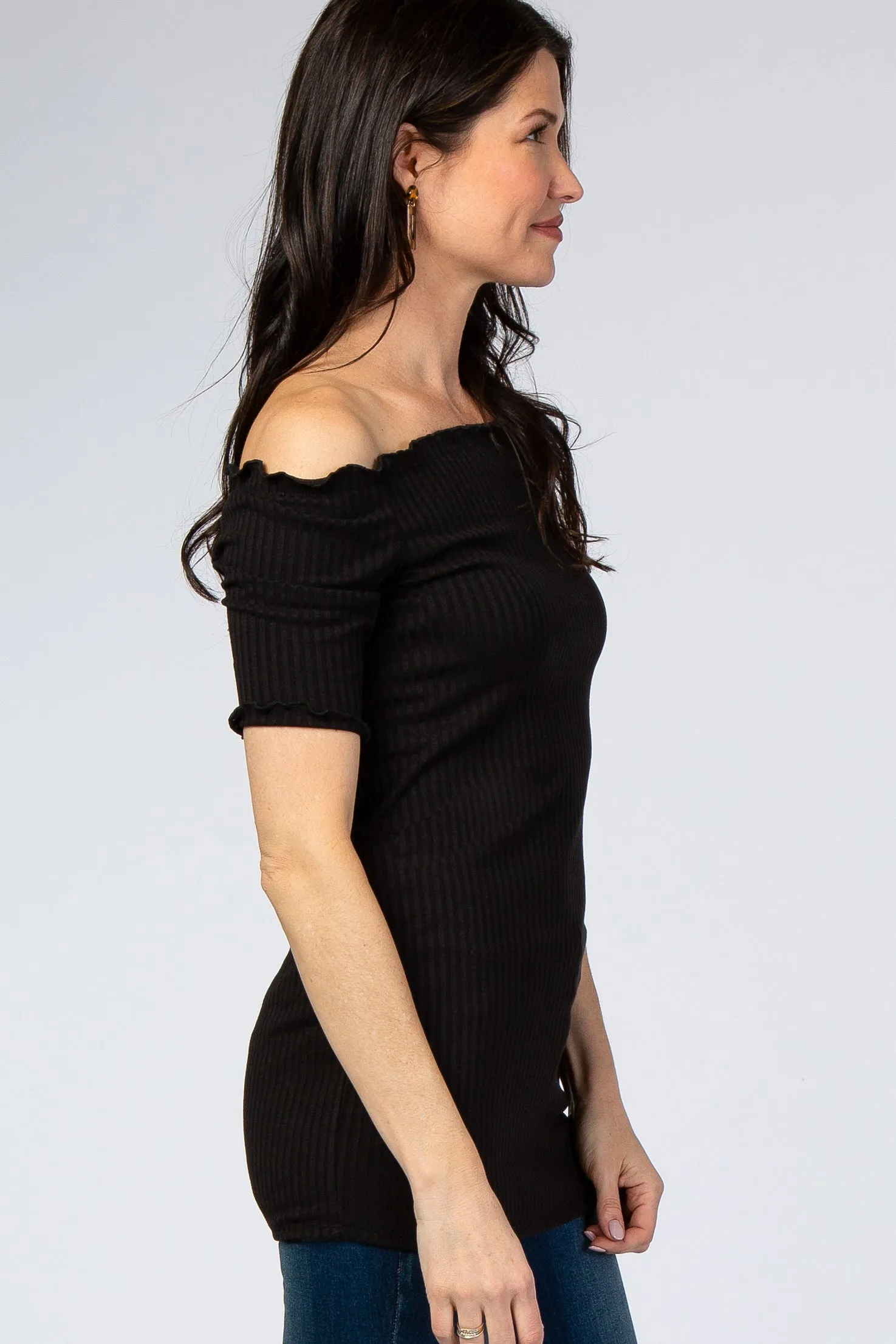 Black Off Shoulder Lettuce Hem Maternity Top sold by Pinkblush product image thumbnail 2