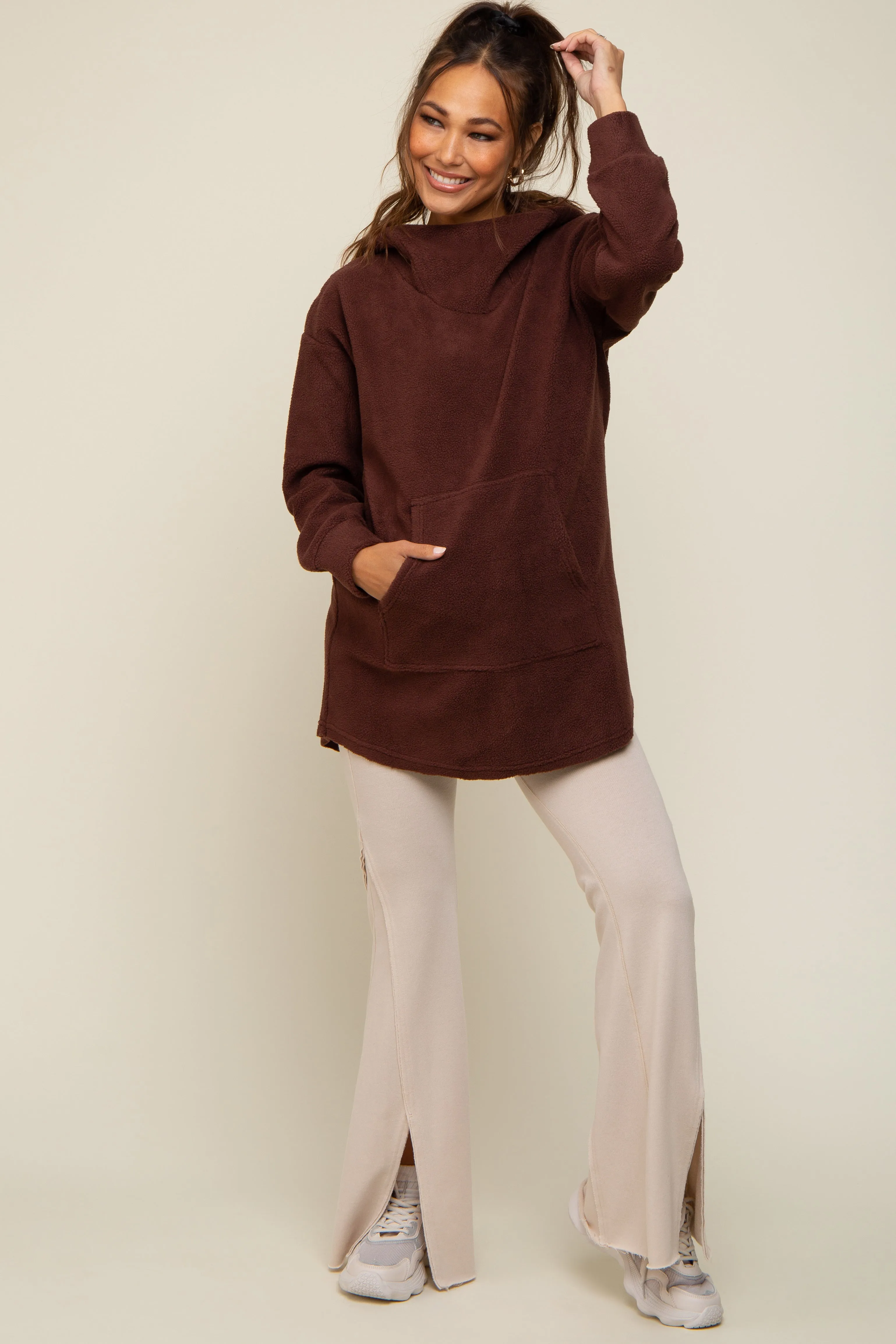 Brown Fleece Hooded Long Maternity Sweater sold by Pinkblush