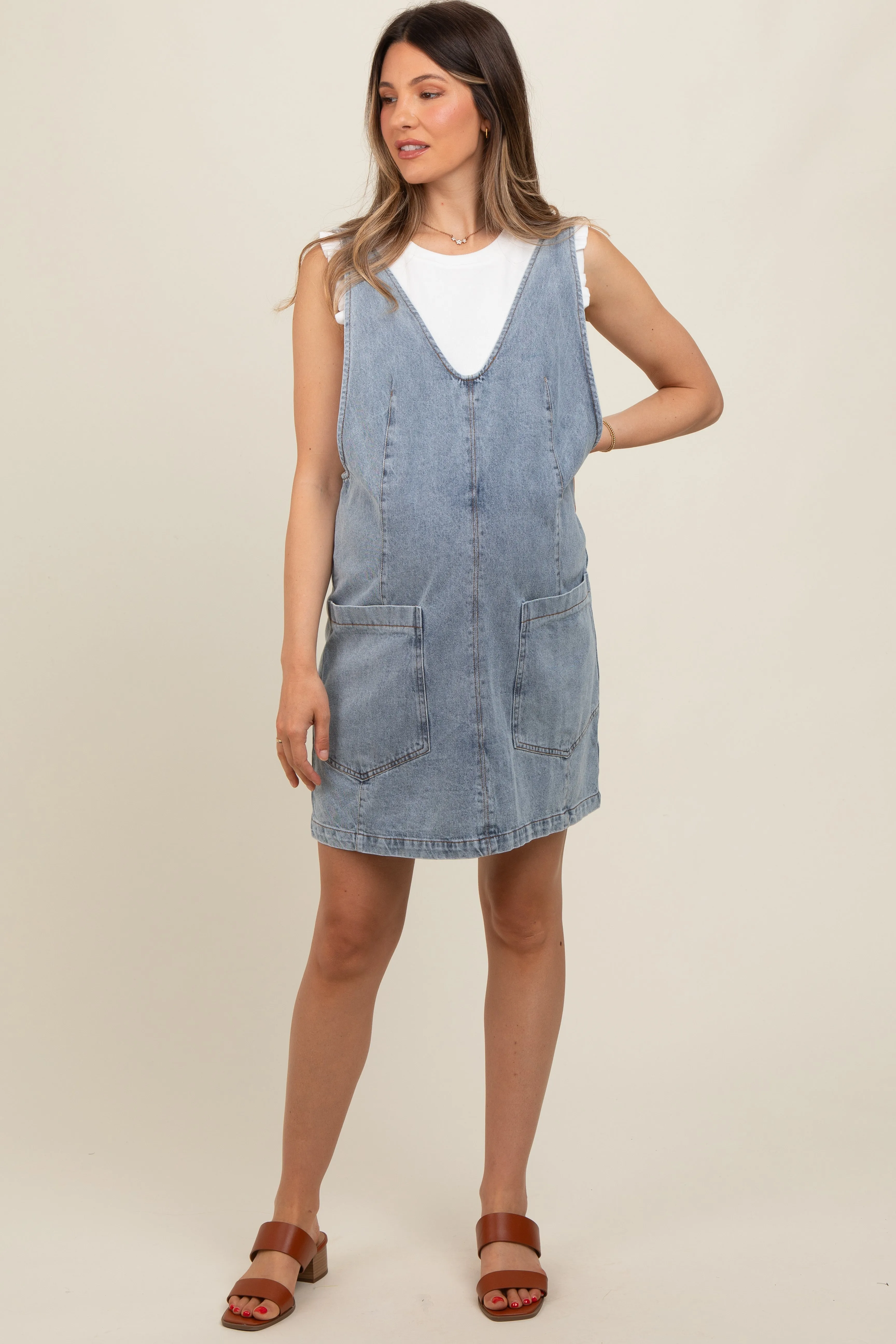 Light Blue Denim Front Pocket Maternity Skirt Overalls sold by Pinkblush product image thumbnail 2