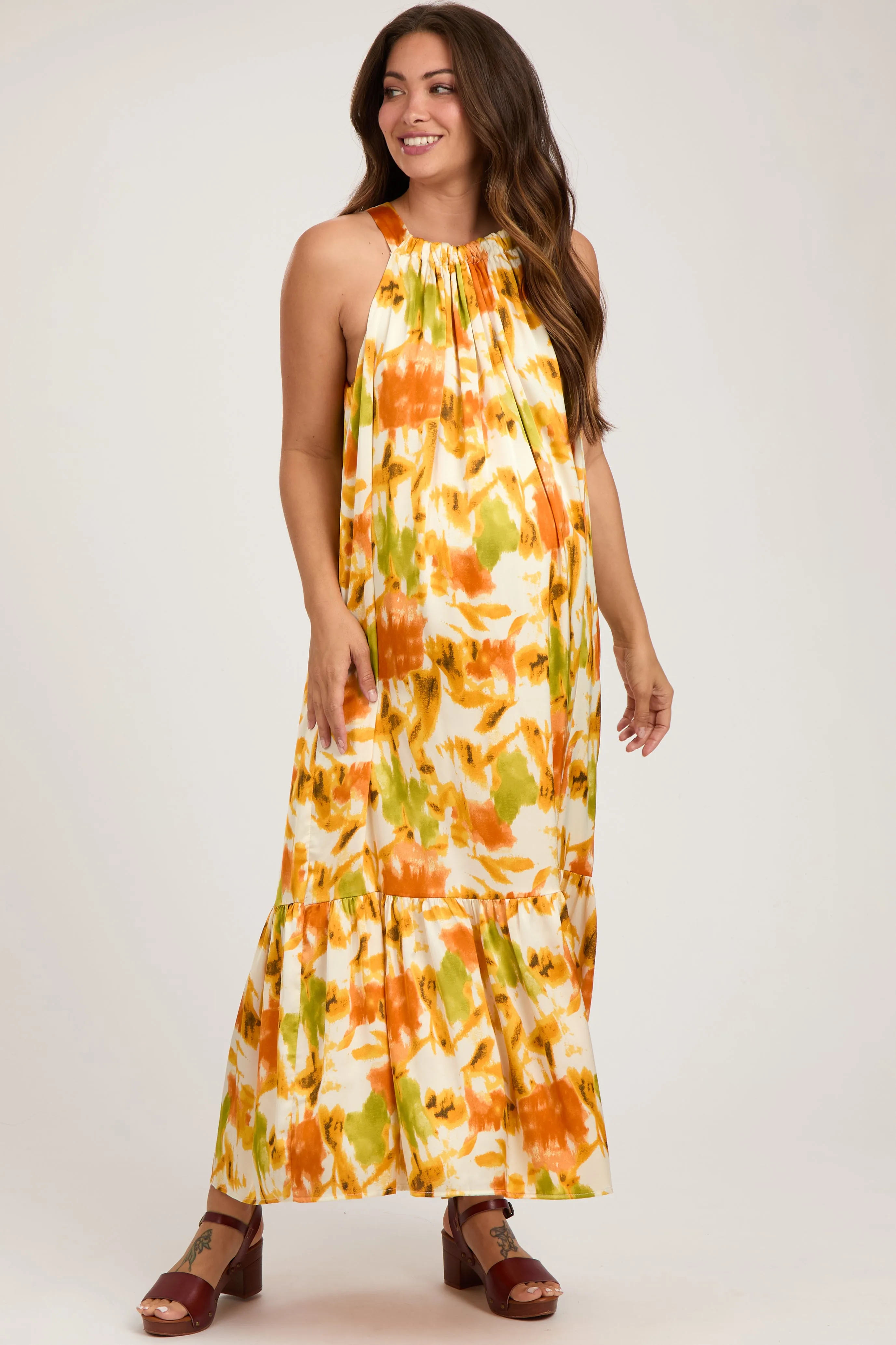 Orange Watercolor Print Satin Maternity Midi Dress sold by Pinkblush product image thumbnail 2