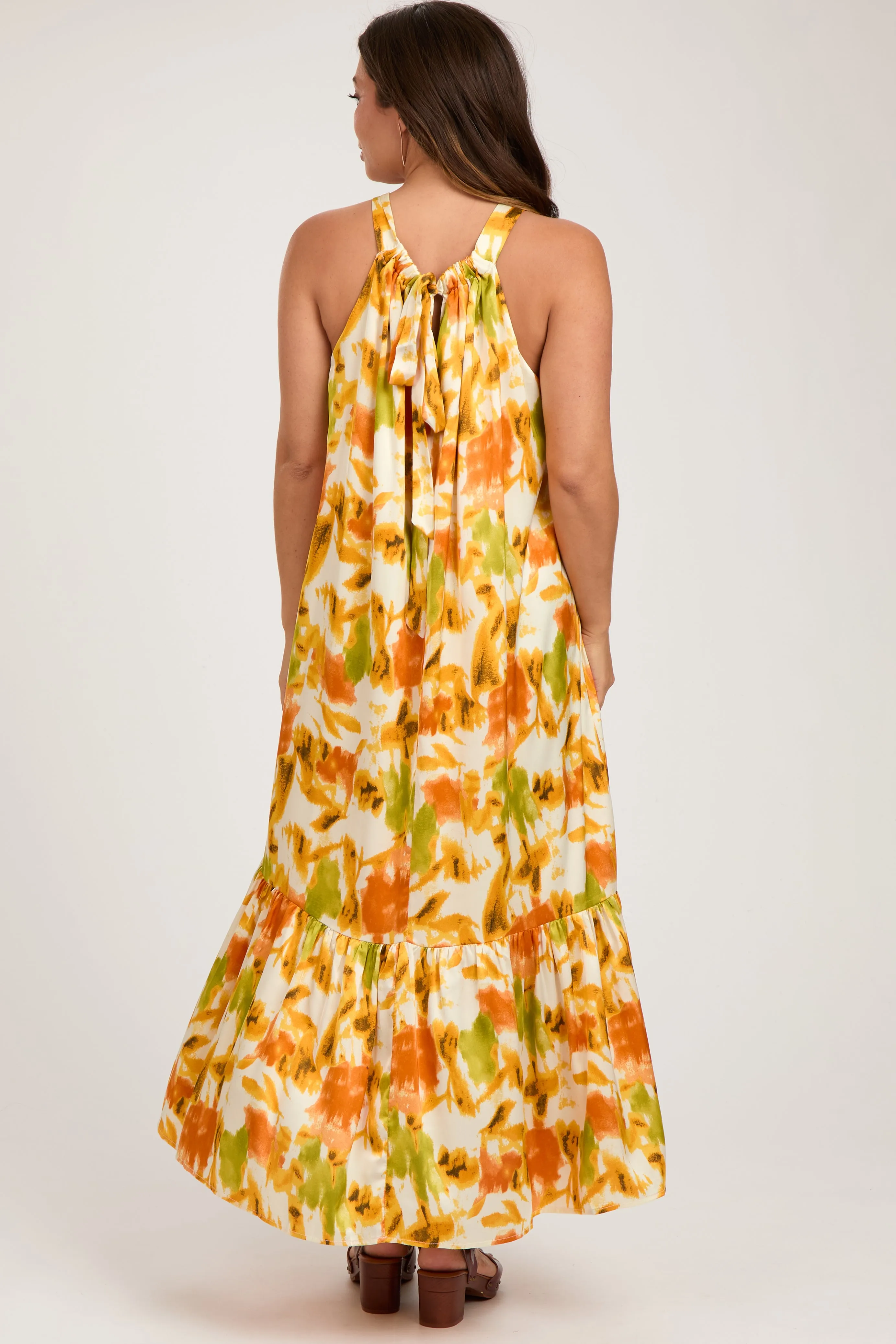 Orange Watercolor Print Satin Maternity Midi Dress sold by Pinkblush product image thumbnail 3