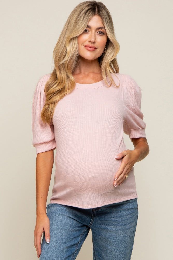 Light Pink Puff Sleeve Waffle Knit Maternity Top sold by Pinkblush