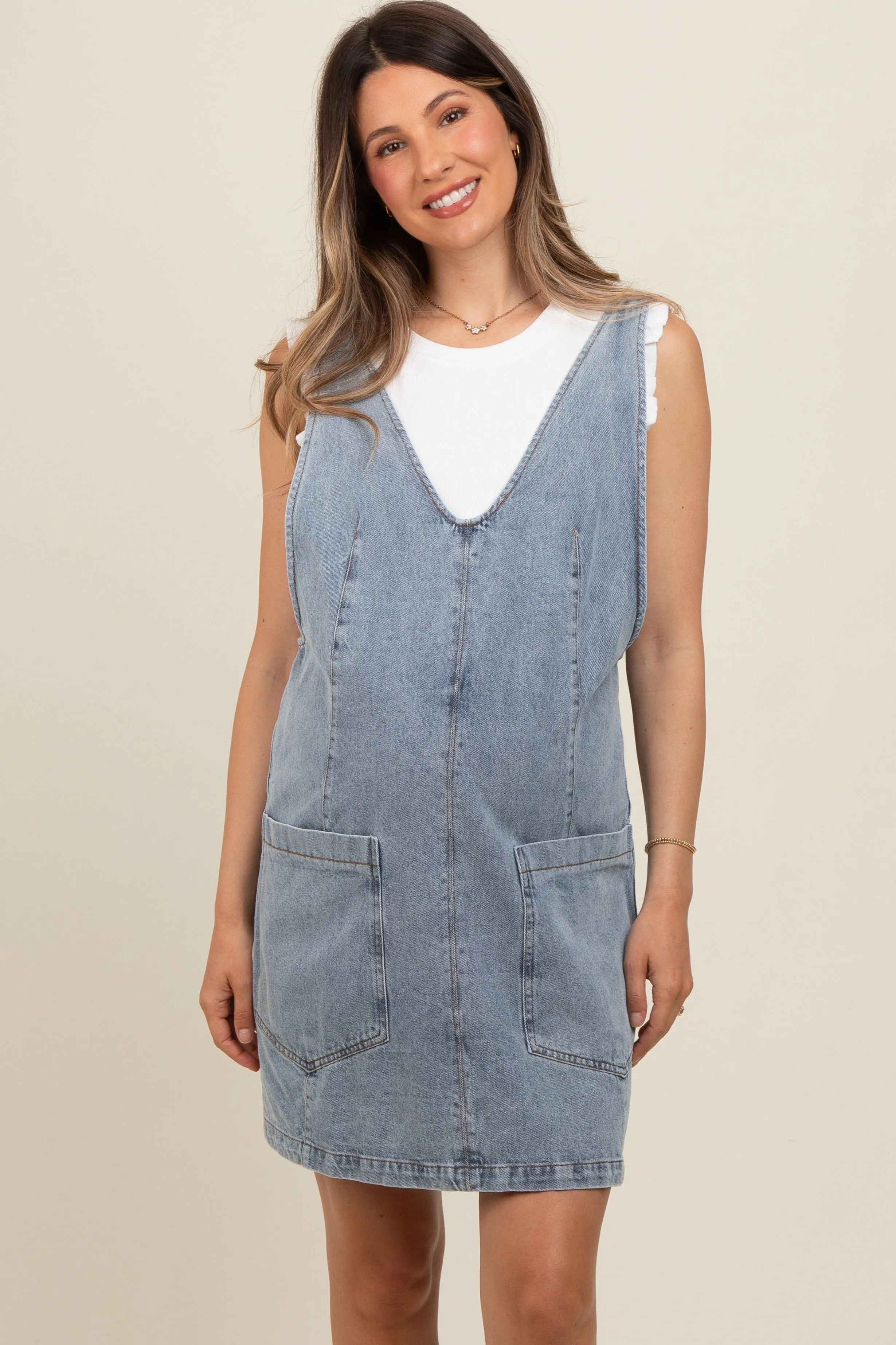 Light Blue Denim Front Pocket Maternity Skirt Overalls sold by Pinkblush