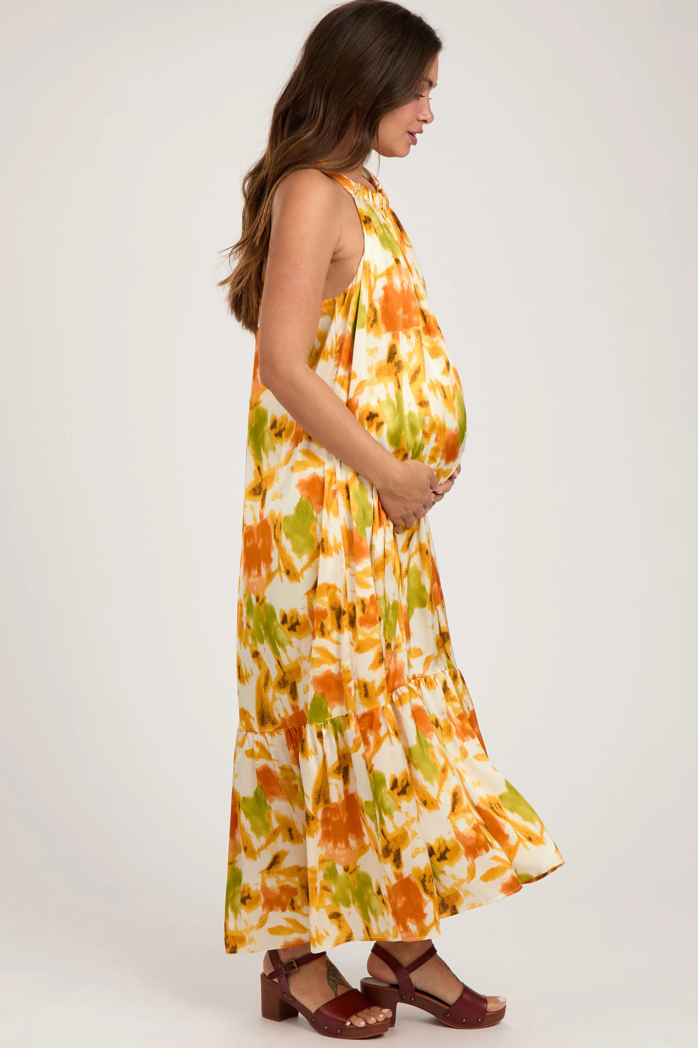 Orange Watercolor Print Satin Maternity Midi Dress sold by Pinkblush product image thumbnail 4