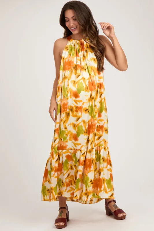 Orange Watercolor Print Satin Maternity Midi Dress sold by Pinkblush