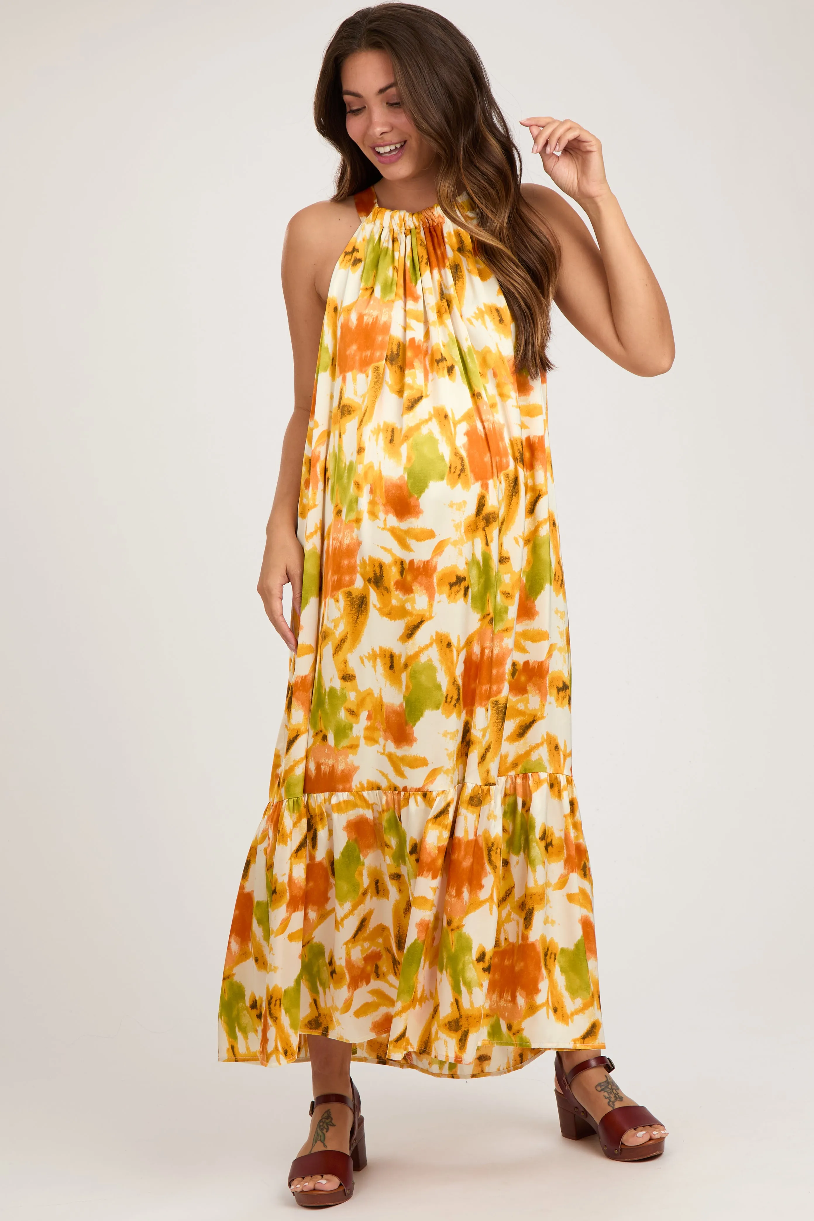 Orange Watercolor Print Satin Maternity Midi Dress sold by Pinkblush