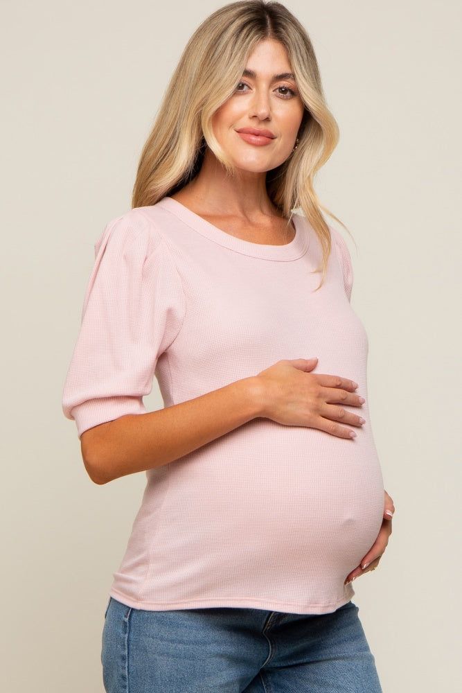 Light Pink Puff Sleeve Waffle Knit Maternity Top sold by Pinkblush product image thumbnail 2