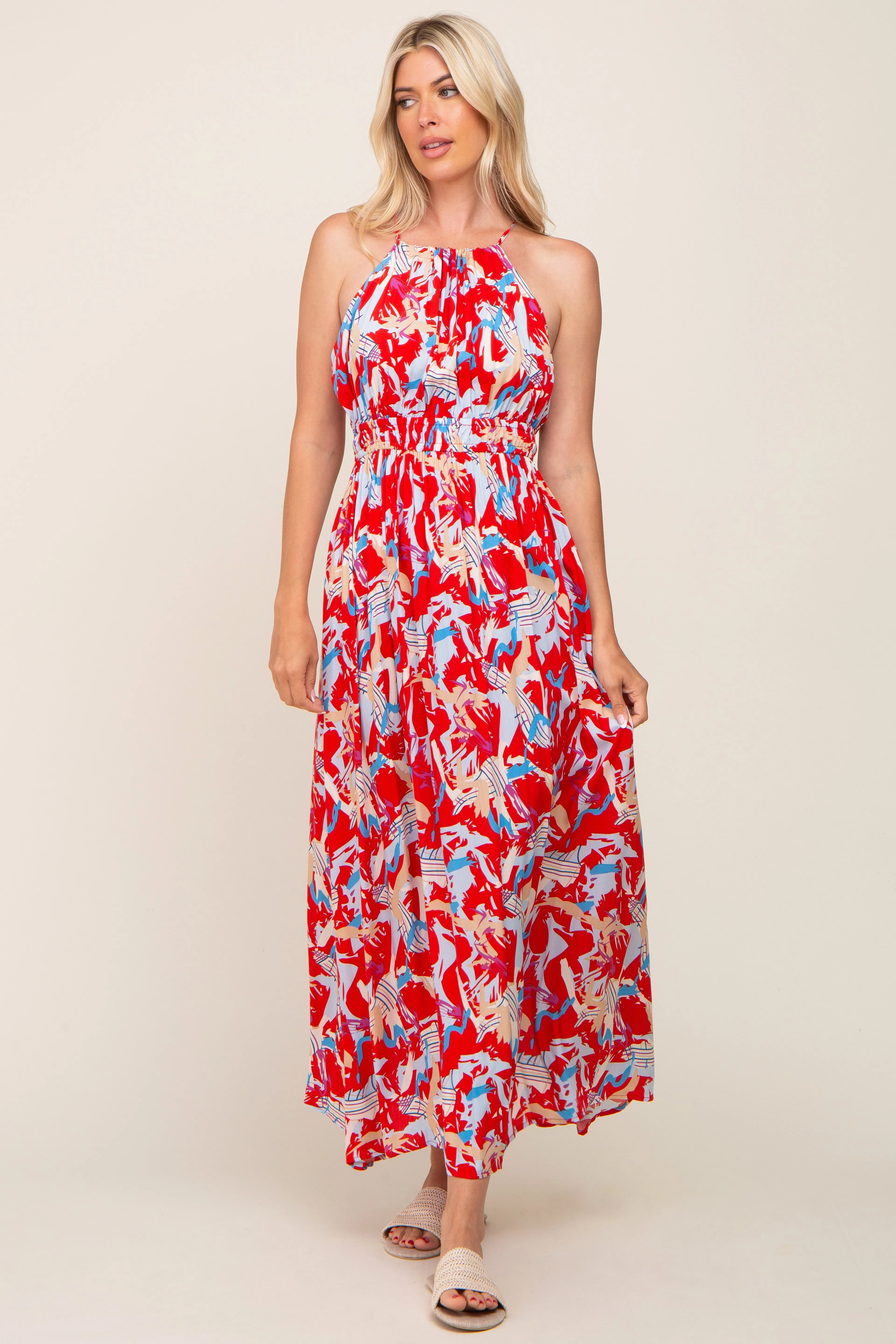 Red Printed Halter Smocked Waist Maxi Dress sold by Pinkblush product image thumbnail 4