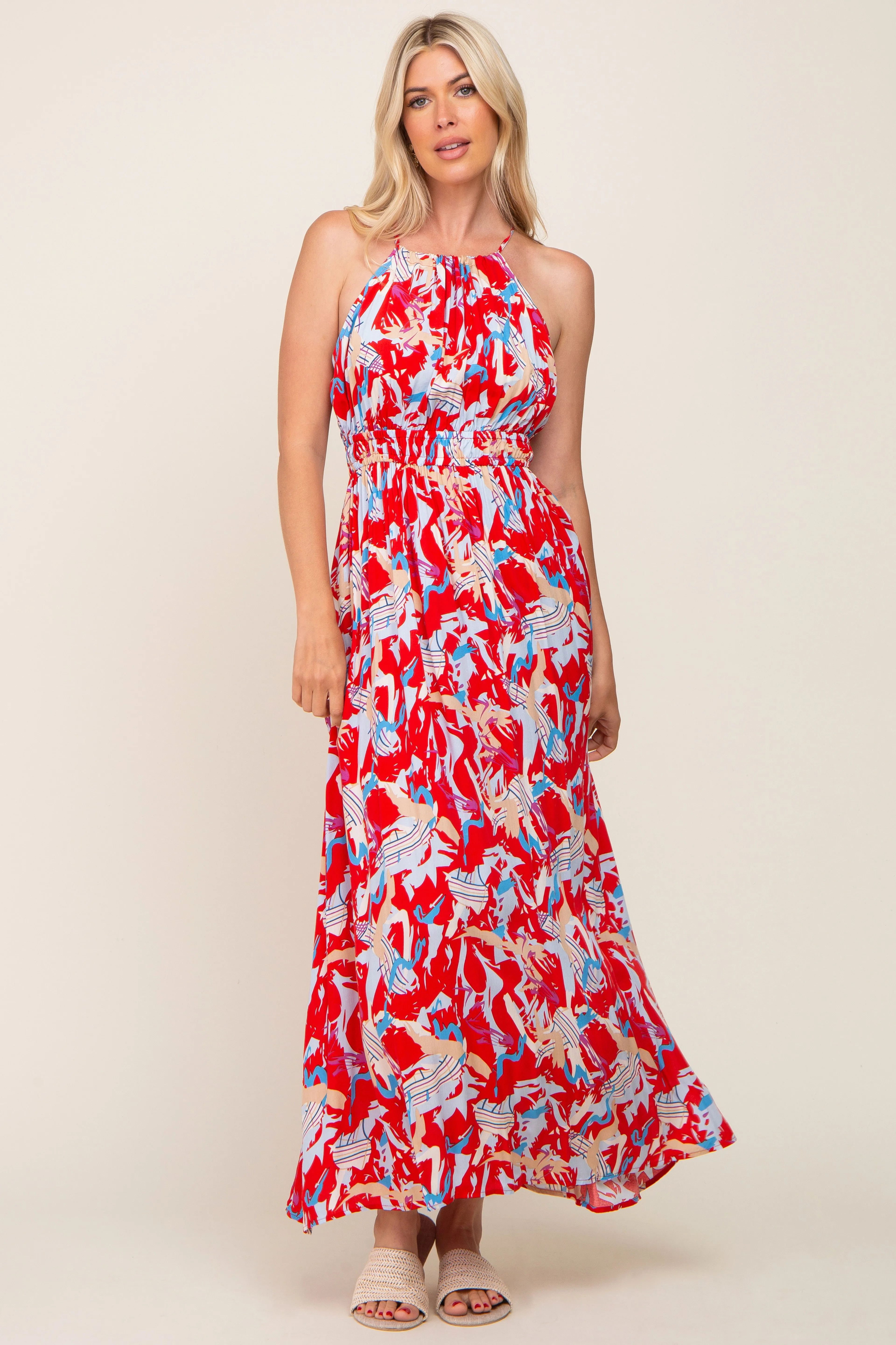 Red Printed Halter Smocked Waist Maxi Dress sold by Pinkblush