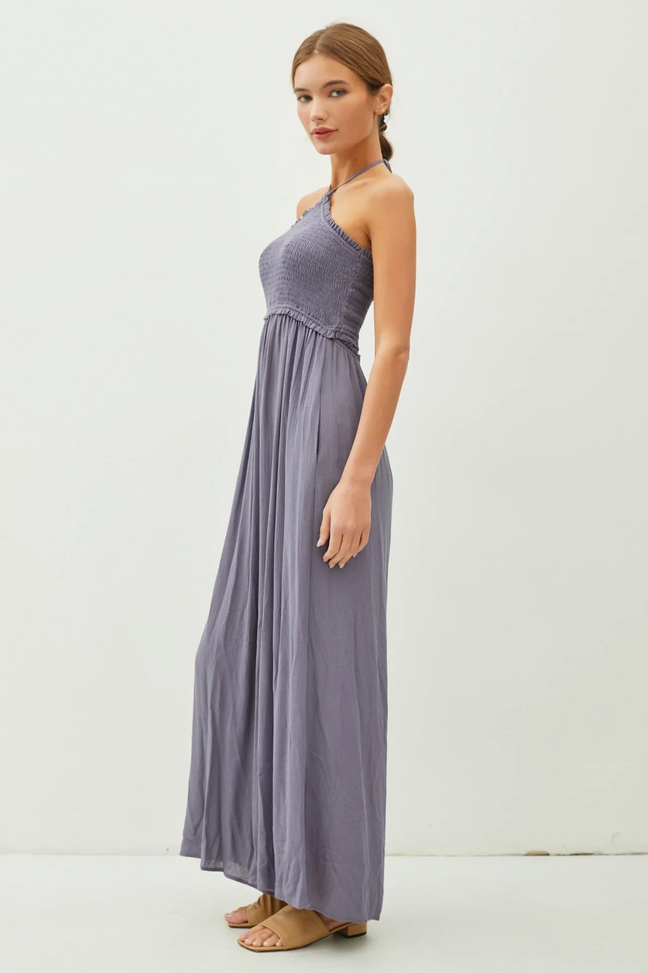 Indigo Back Cutout Smocked Halter Wide Leg Jumpsuit sold by Pinkblush product image thumbnail 2