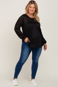 Black Knit Ribbed Babydoll Maternity Plus Top sold by Pinkblush