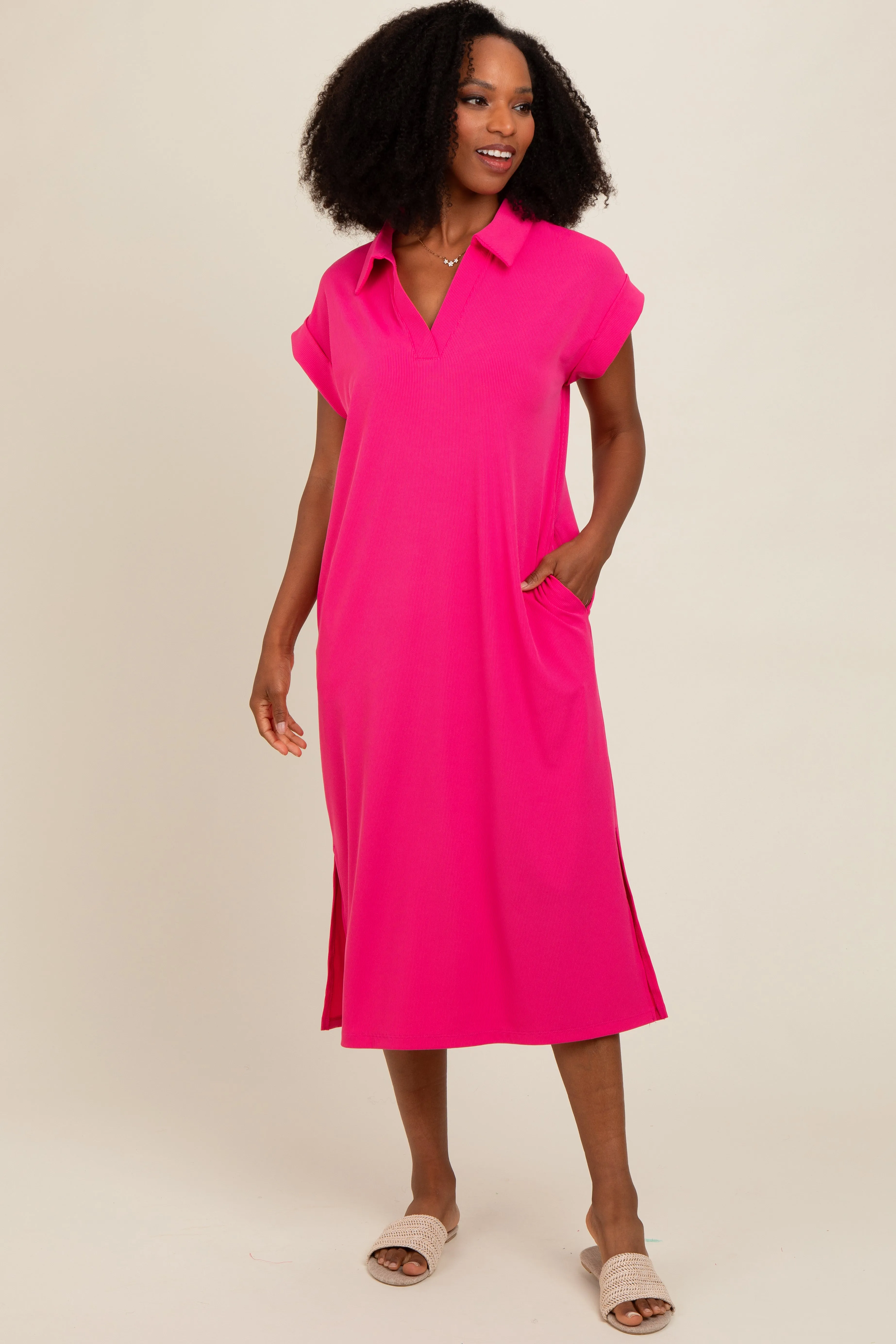 Fuchsia Collared Side Slit Midi Dress sold by Pinkblush