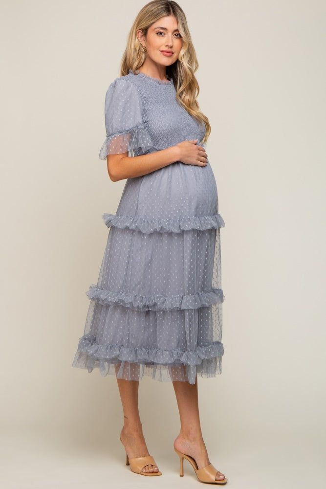 Light Blue Polka Dot Tulle Smocked Maternity Midi Dress sold by Pinkblush