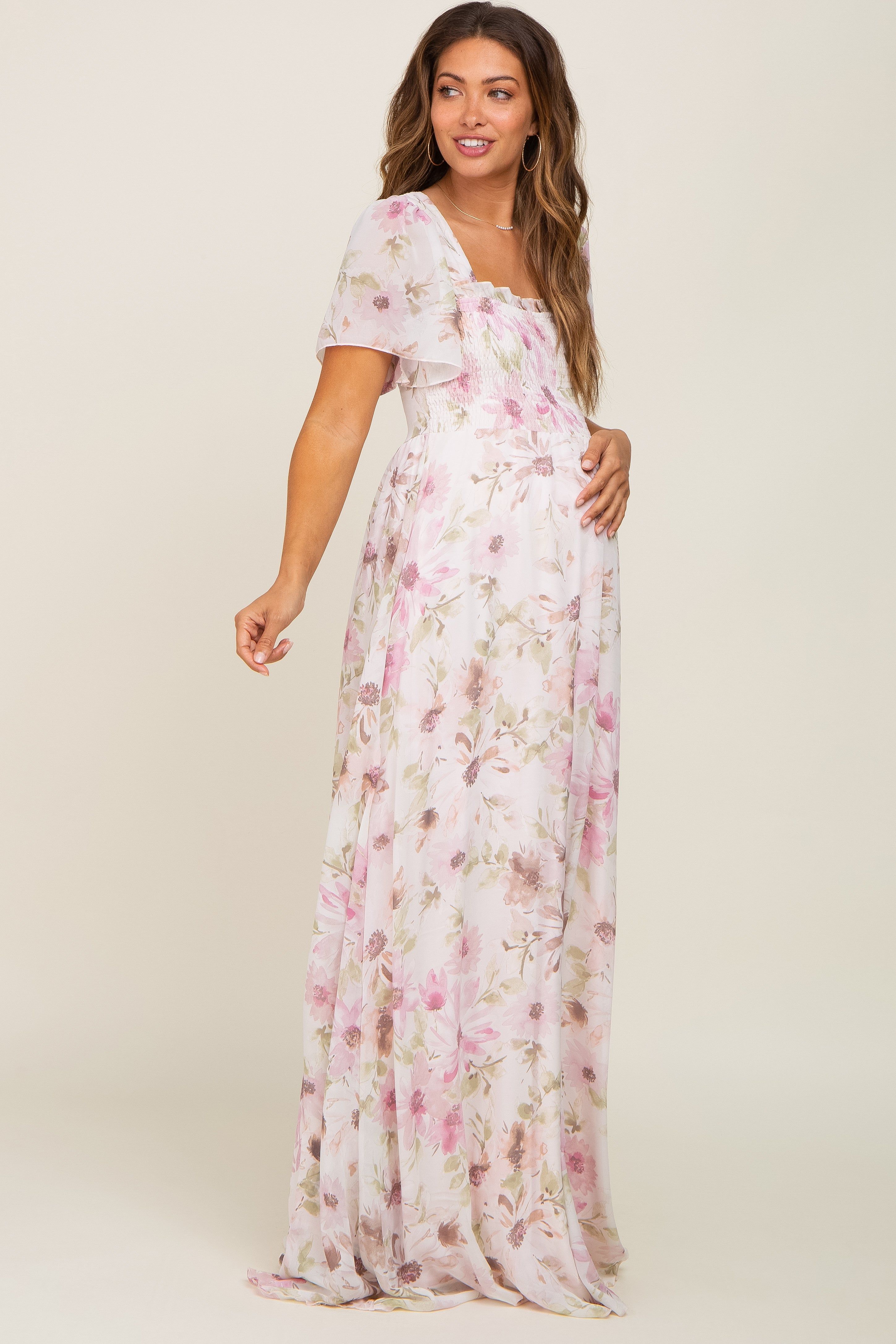 Pink Floral Chiffon Smocked Short Sleeve Maternity Maxi Dress sold by Pinkblush product image thumbnail 2