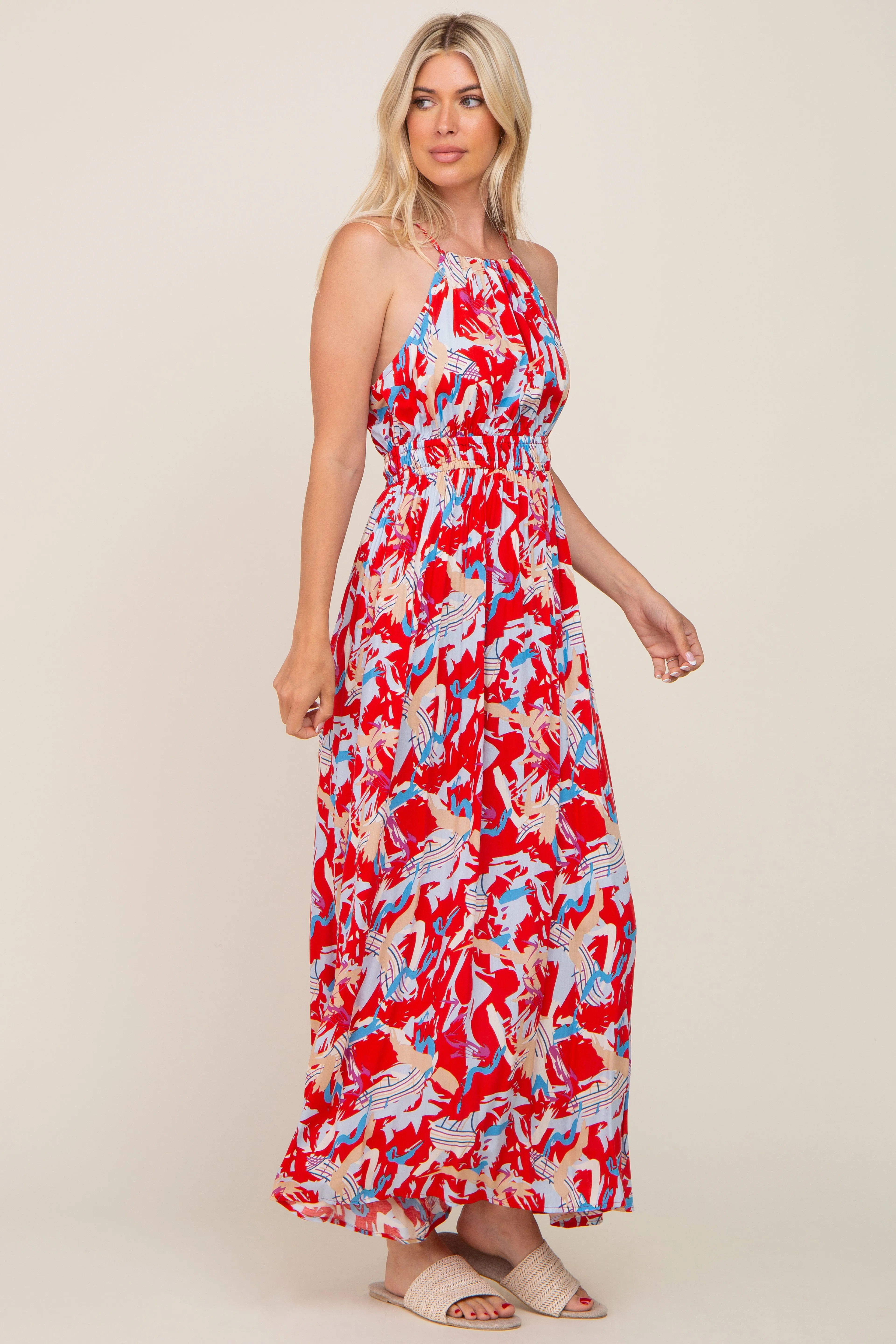 Red Printed Halter Smocked Waist Maxi Dress sold by Pinkblush product image thumbnail 2