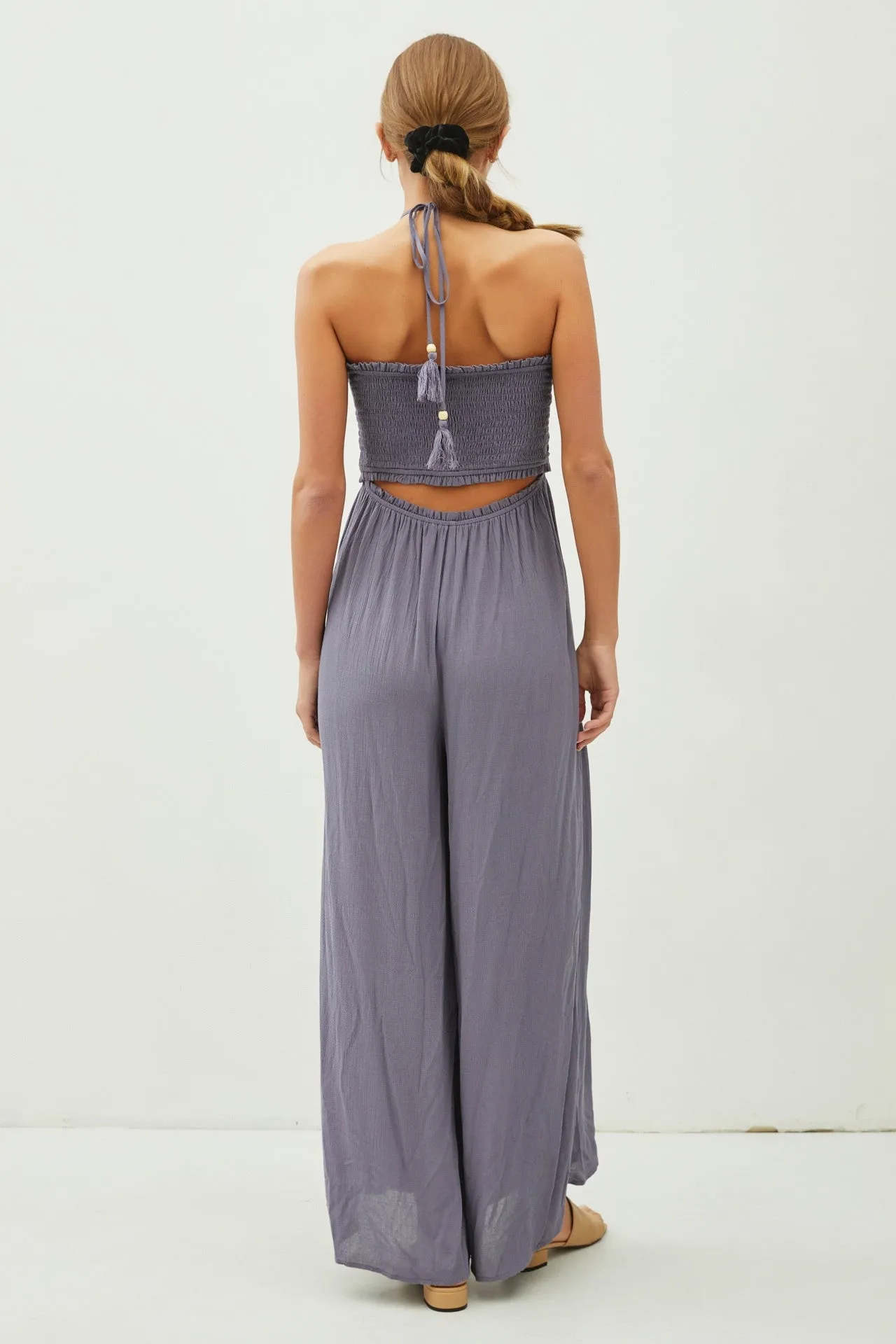 Indigo Back Cutout Smocked Halter Wide Leg Jumpsuit sold by Pinkblush product image thumbnail 3