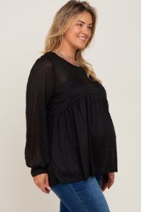Black Knit Ribbed Babydoll Maternity Plus Top sold by Pinkblush
