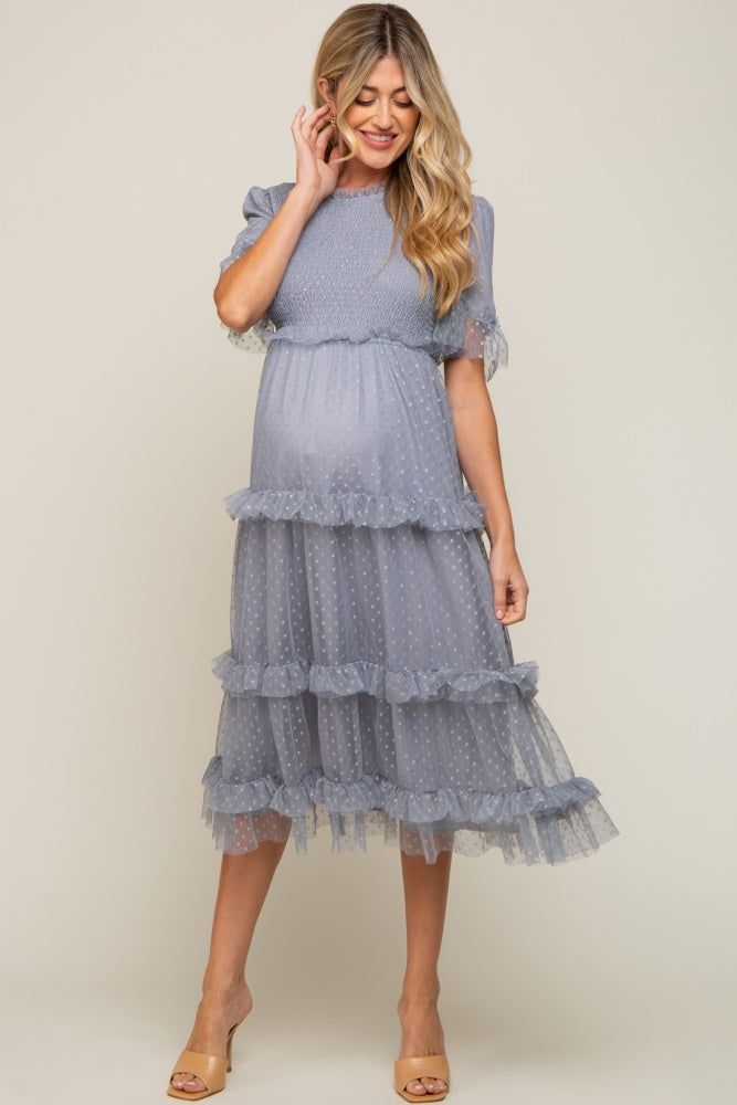 Light Blue Polka Dot Tulle Smocked Maternity Midi Dress sold by Pinkblush product image thumbnail 5