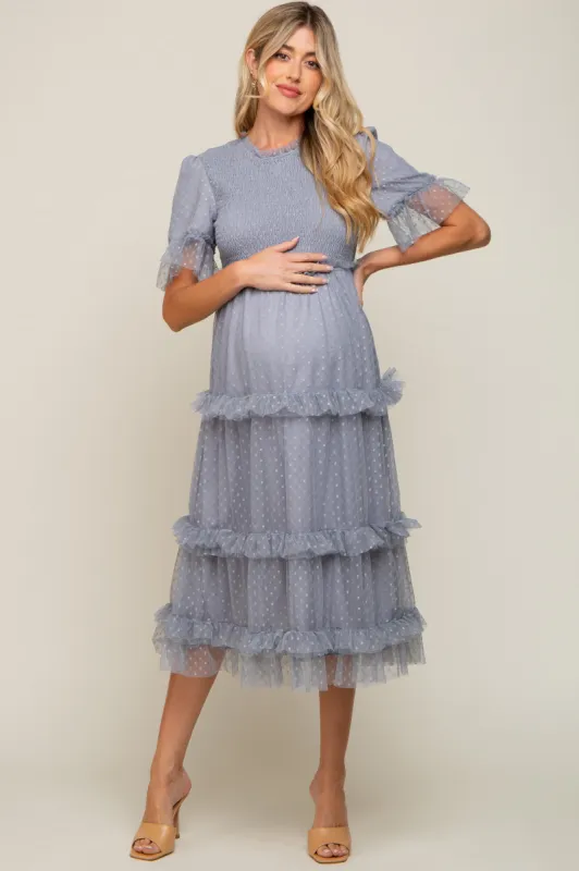Light Blue Polka Dot Tulle Smocked Maternity Midi Dress sold by Pinkblush