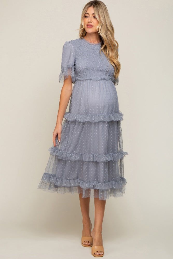 Light Blue Polka Dot Tulle Smocked Maternity Midi Dress sold by Pinkblush product image thumbnail 2