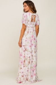 Pink Floral Chiffon Smocked Short Sleeve Maternity Maxi Dress sold by Pinkblush