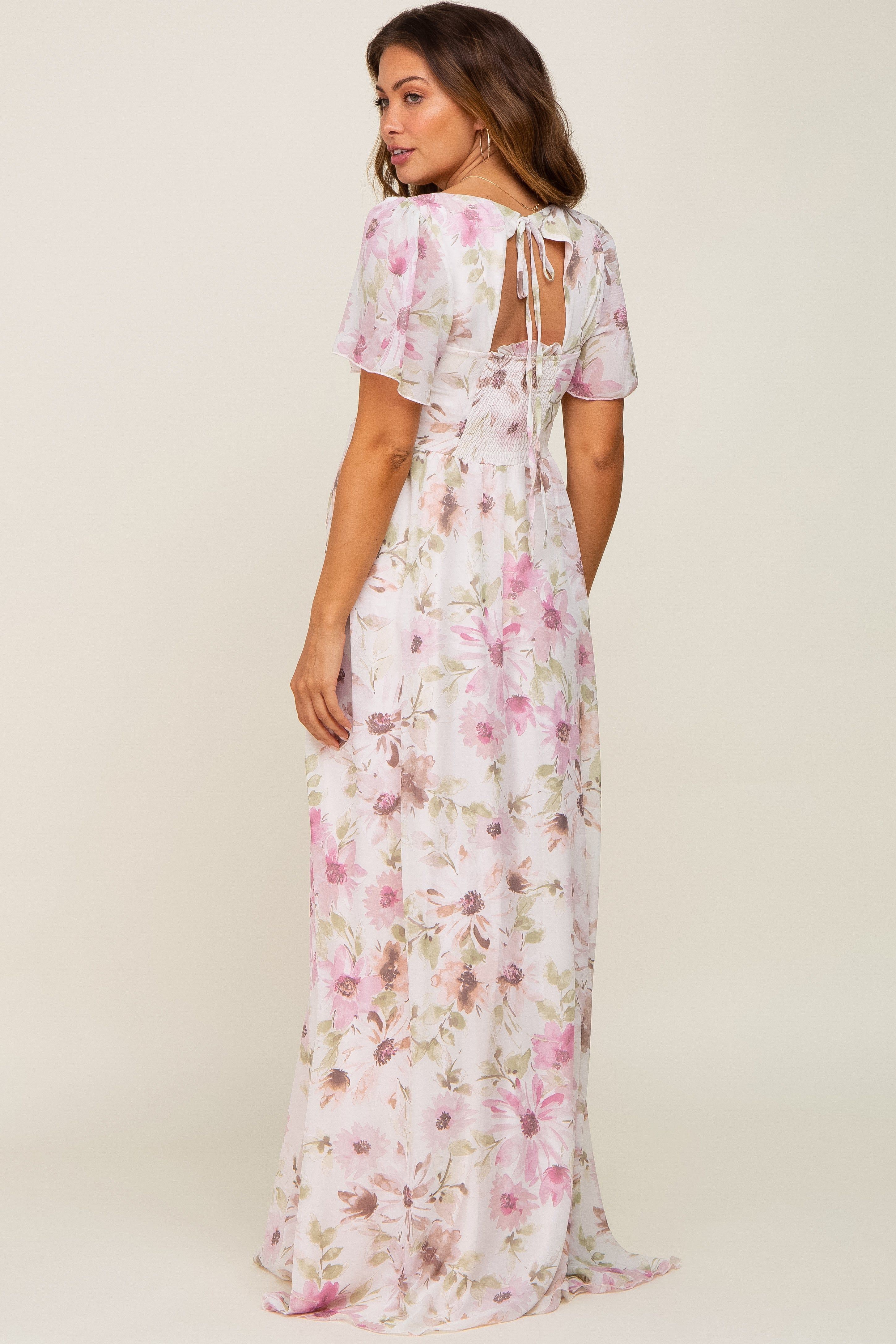 Pink Floral Chiffon Smocked Short Sleeve Maternity Maxi Dress sold by Pinkblush product image thumbnail 3