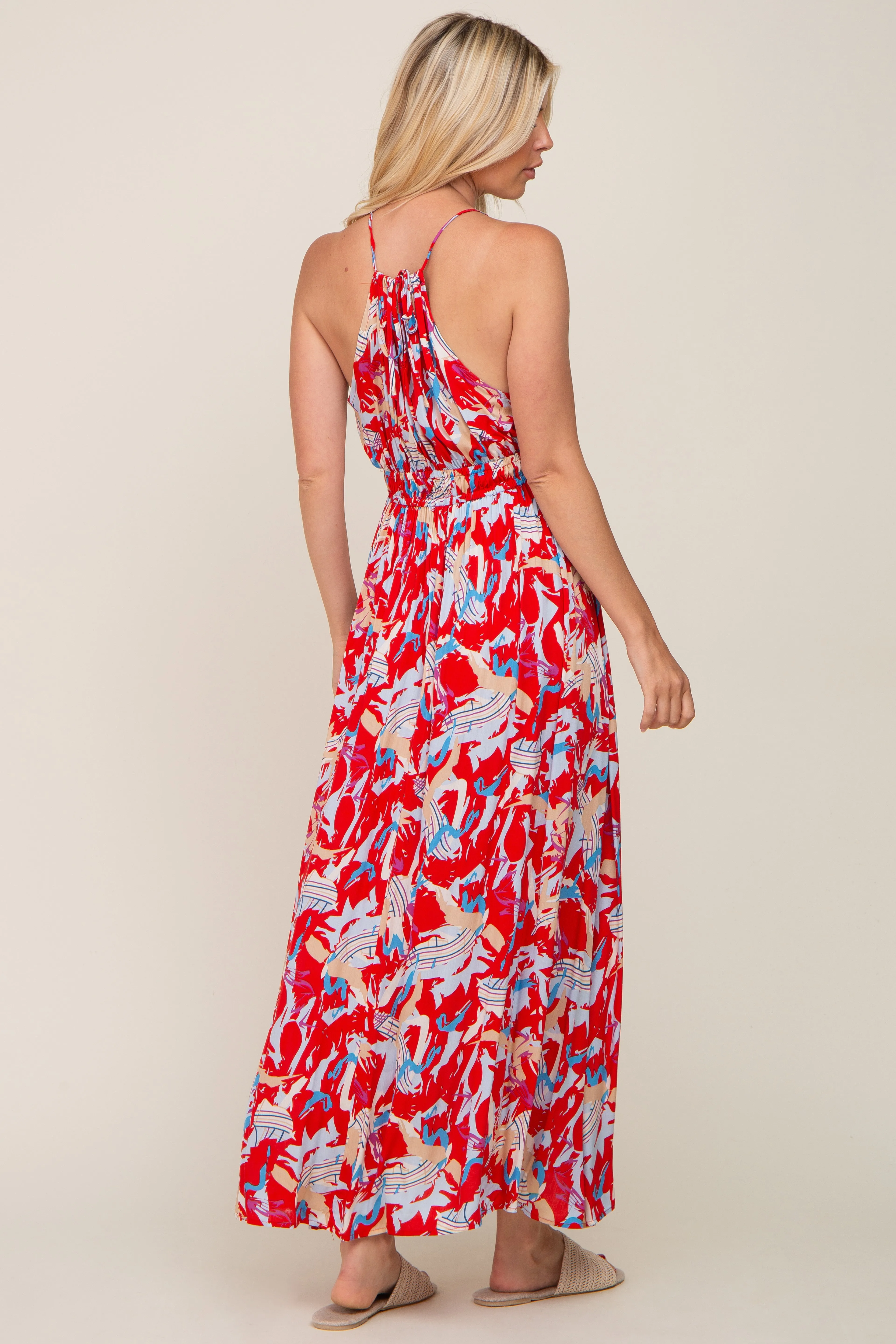 Red Printed Halter Smocked Waist Maxi Dress sold by Pinkblush product image thumbnail 3