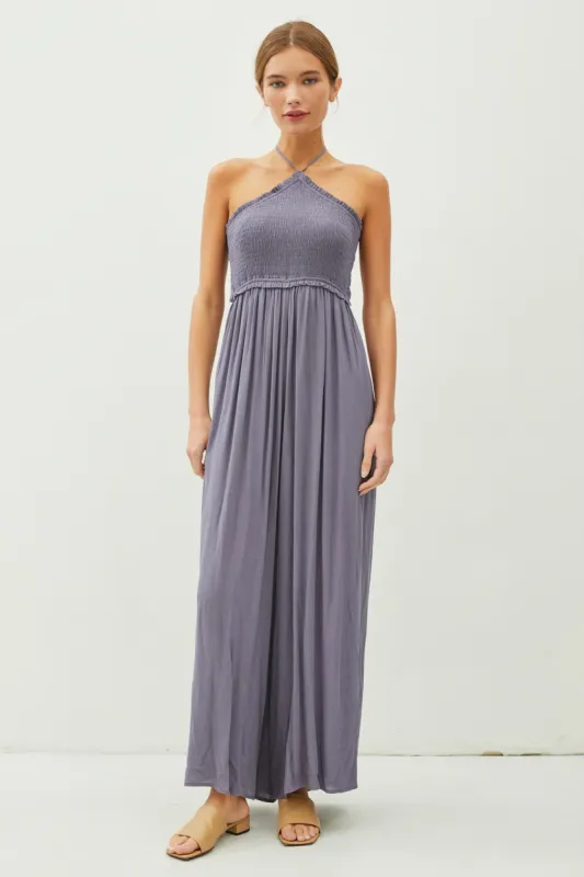 Indigo Back Cutout Smocked Halter Wide Leg Jumpsuit sold by Pinkblush