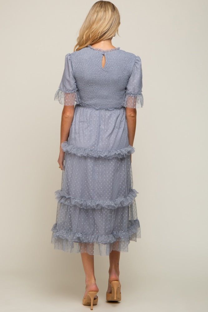 Light Blue Polka Dot Tulle Smocked Maternity Midi Dress sold by Pinkblush product image thumbnail 3