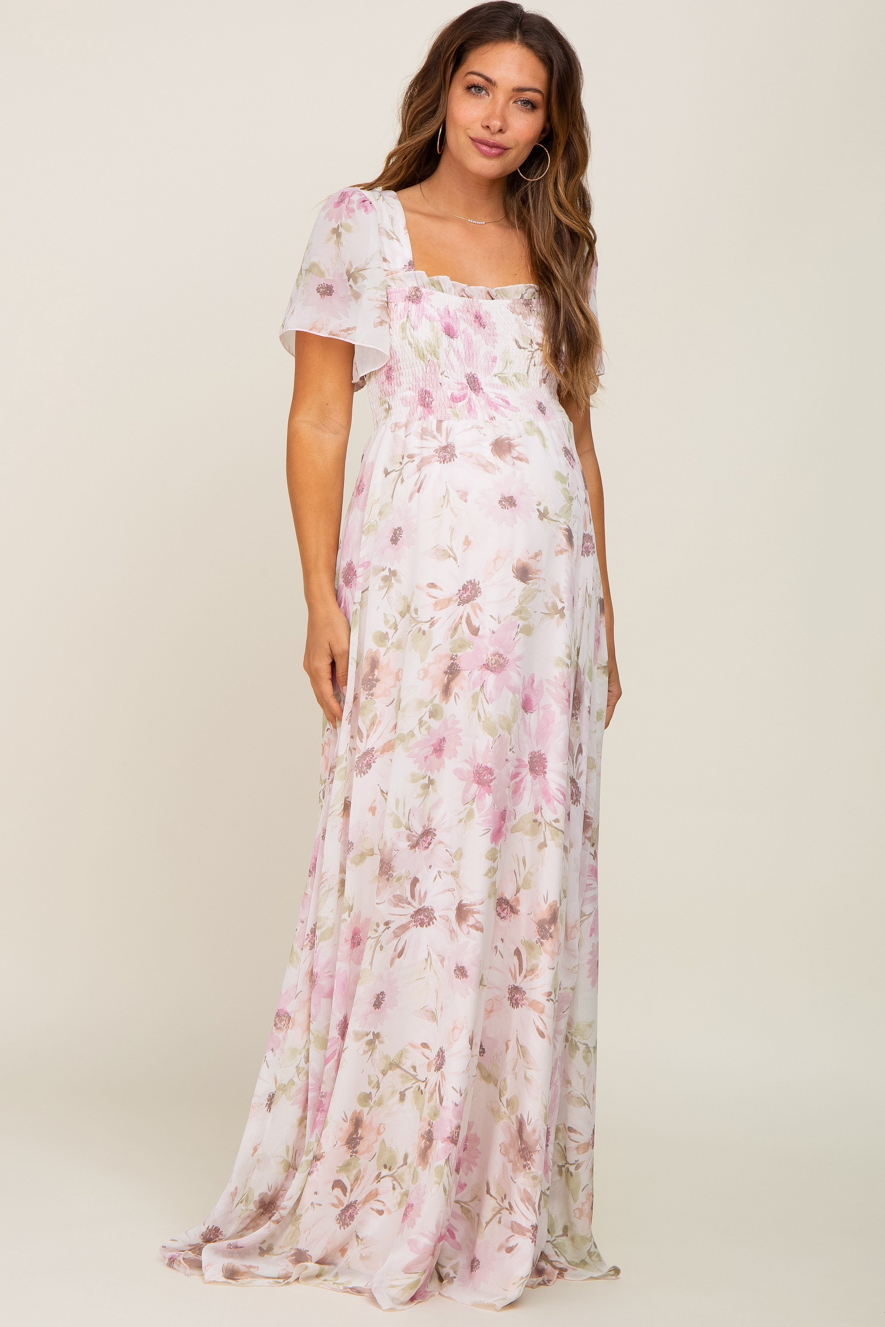 Pink Floral Chiffon Smocked Short Sleeve Maternity Maxi Dress sold by Pinkblush product image thumbnail 4
