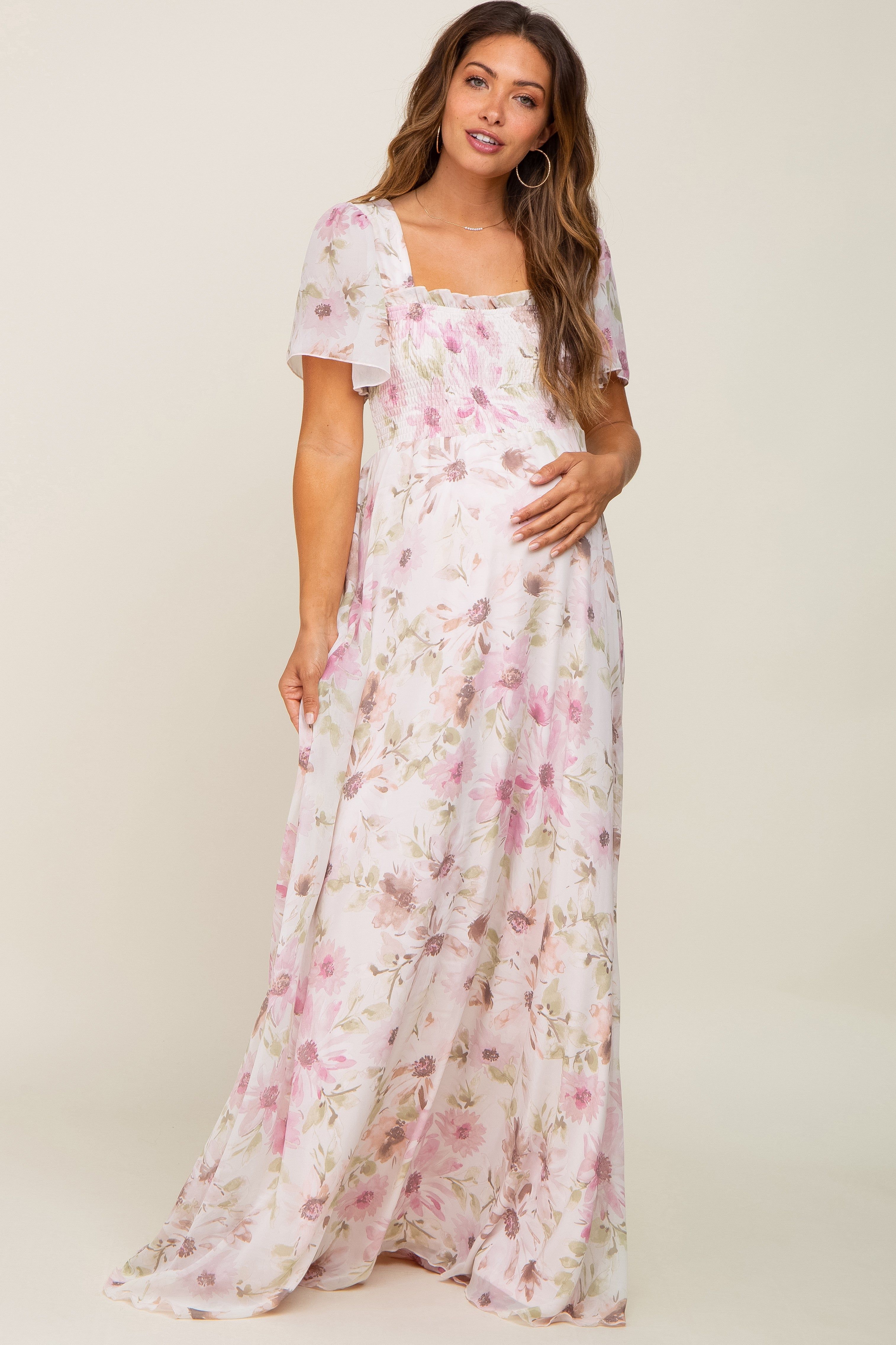 Pink Floral Chiffon Smocked Short Sleeve Maternity Maxi Dress sold by Pinkblush