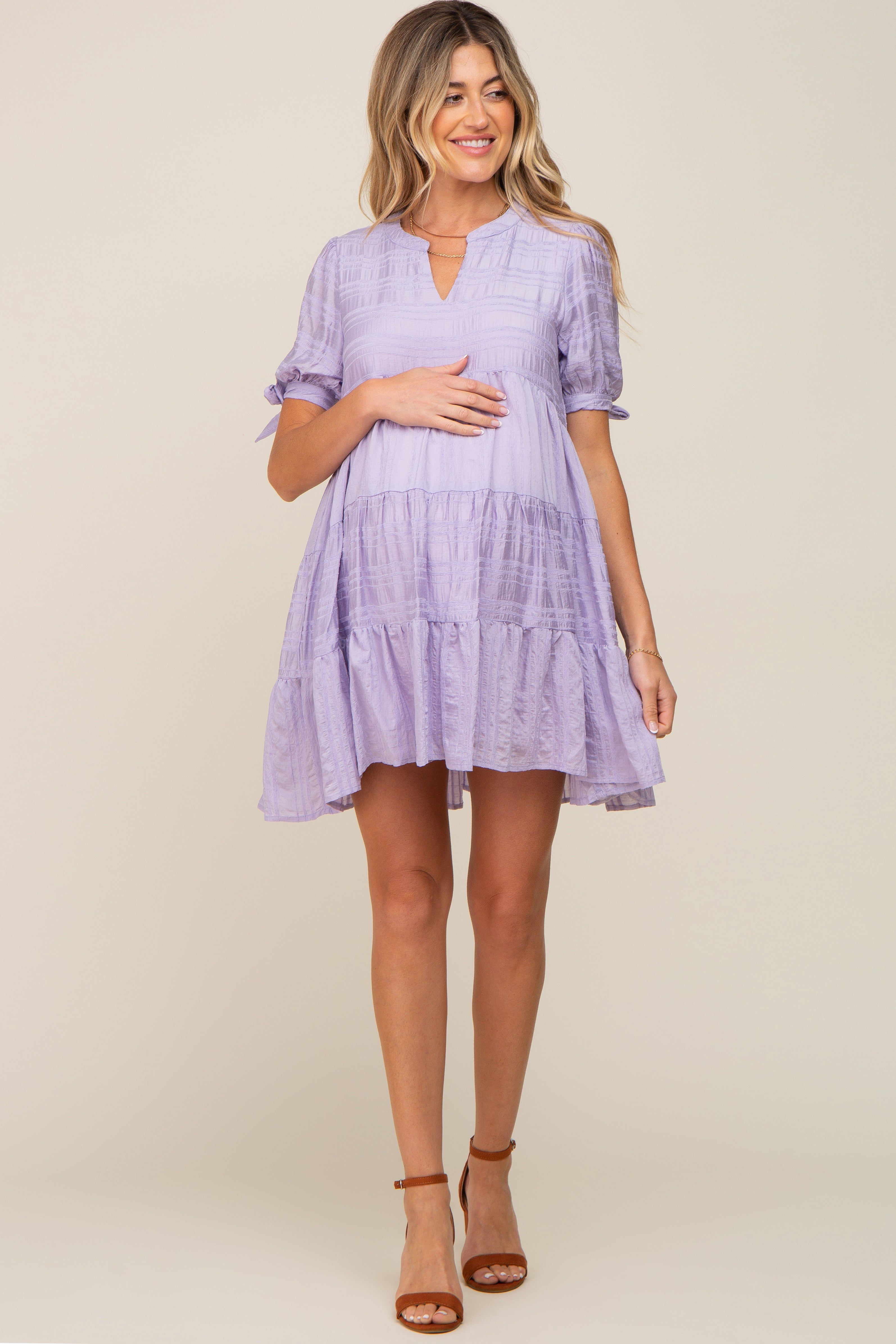 Lavender Textured Stripe V-Neck Tiered Maternity Dress sold by Pinkblush product image thumbnail 5