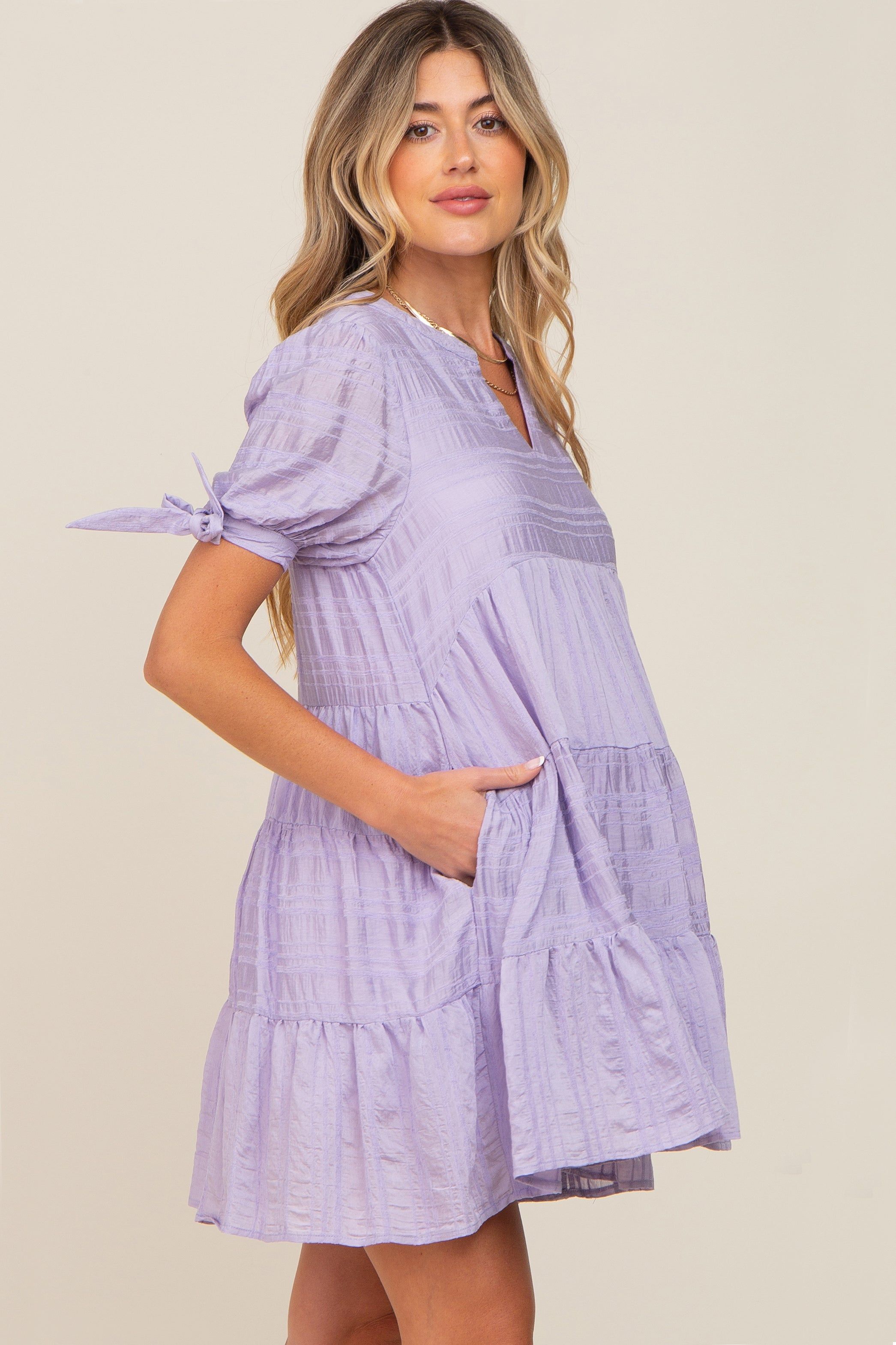 Lavender Textured Stripe V-Neck Tiered Maternity Dress sold by Pinkblush product image thumbnail 2